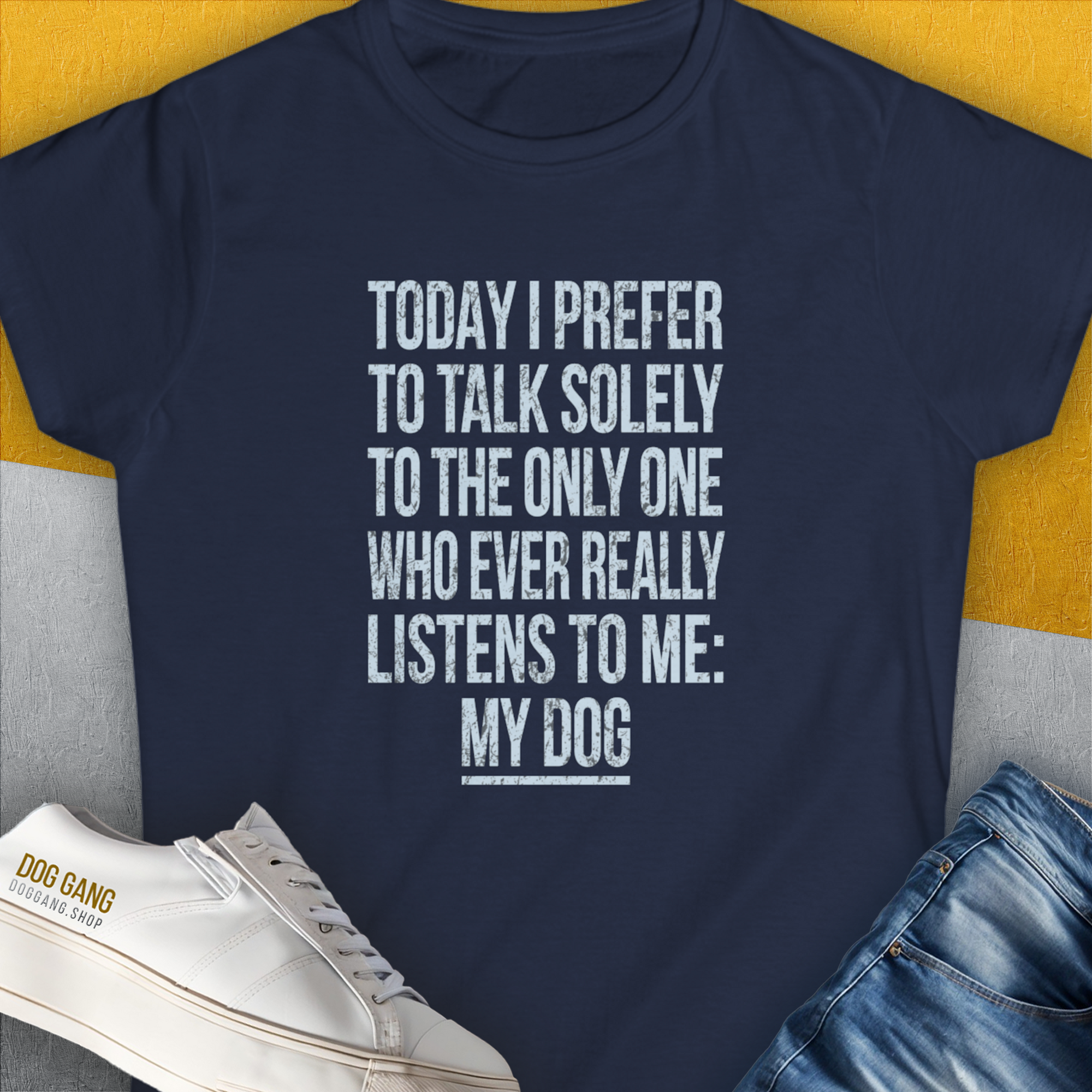 The Only One Who Ever Really Listens To Me, Women's T-Shirt-Navy. A dog-themed Design from Dog Gang