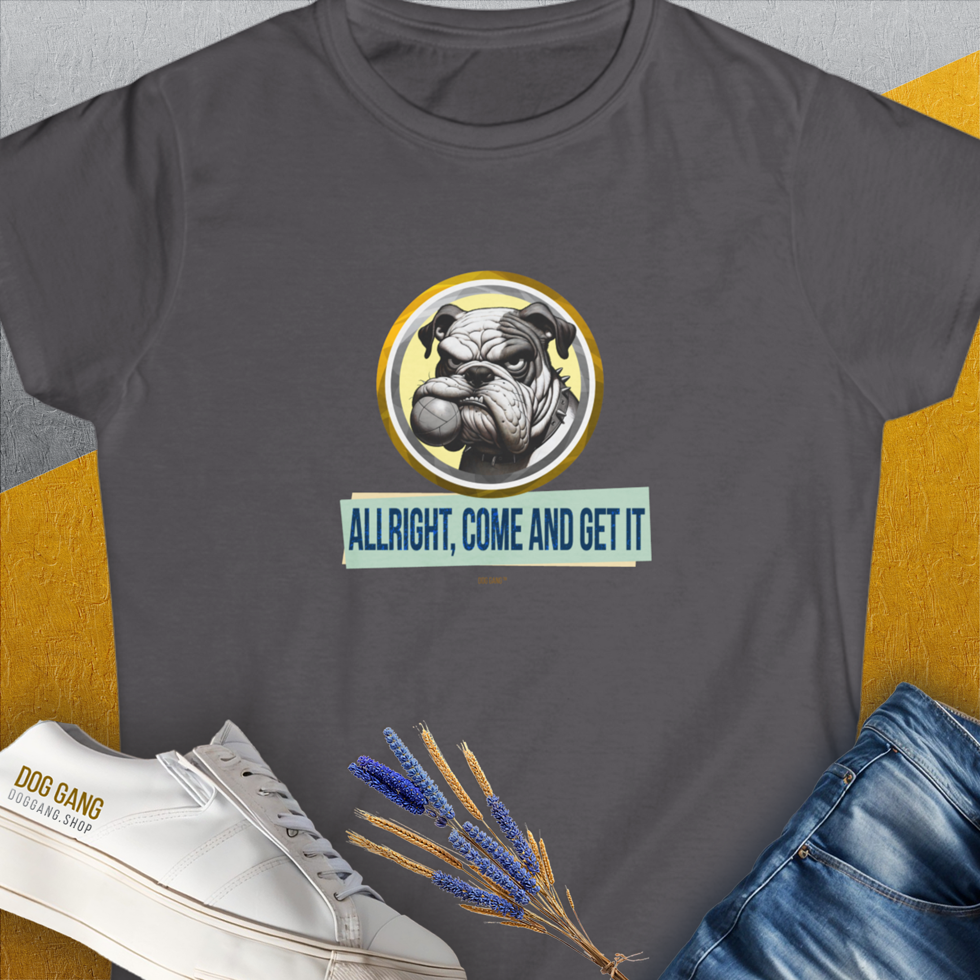 Allright, Come and Get It text on charcoal shirt. Perfect for a dog lover with a vintage design. Designed by Dog Gang.