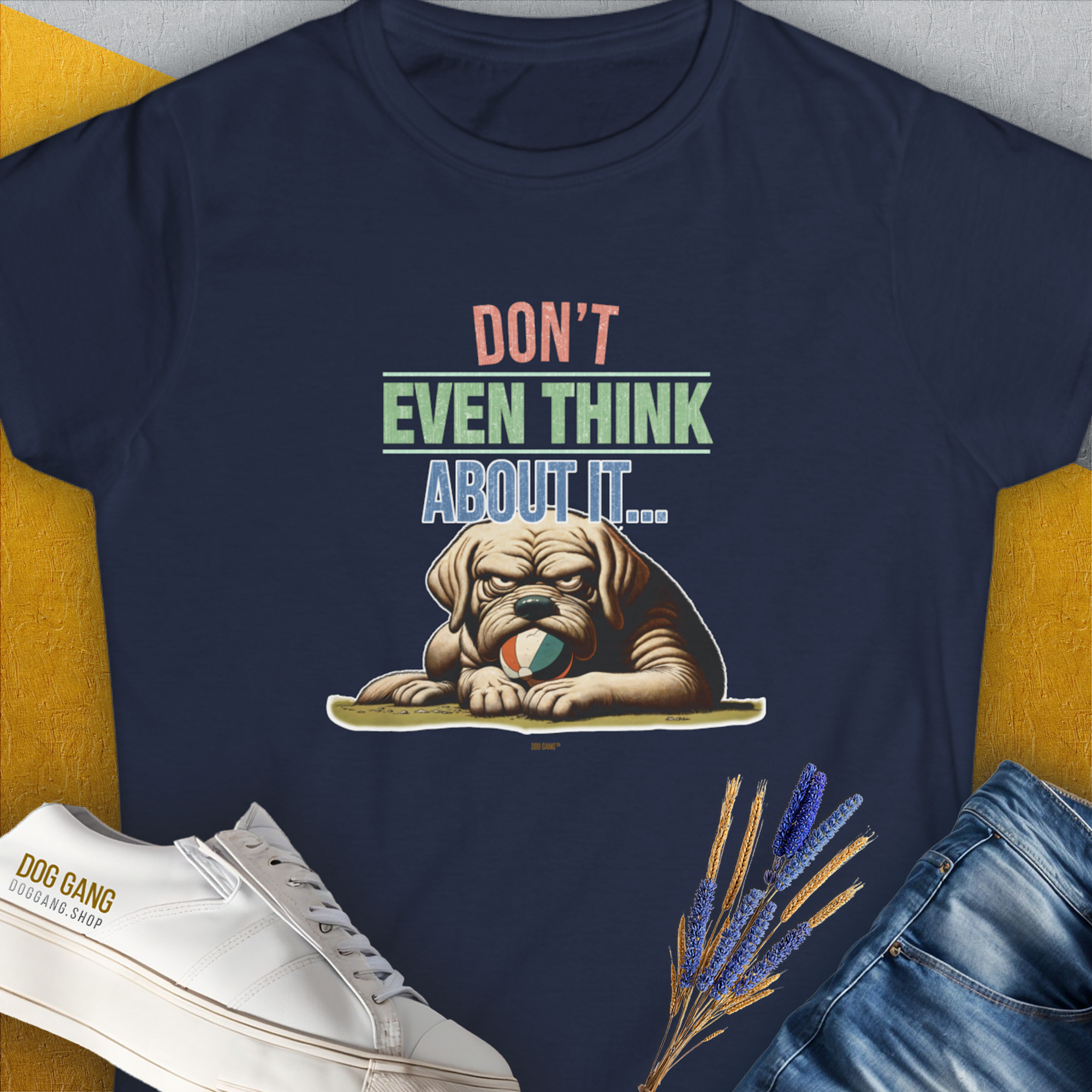 Navy Womens T-Shirt titled Dont Even Think About It..., Volume 6, features a funny Labrador illustration, perfect for dog lovers. Designed by Dog Gang.
