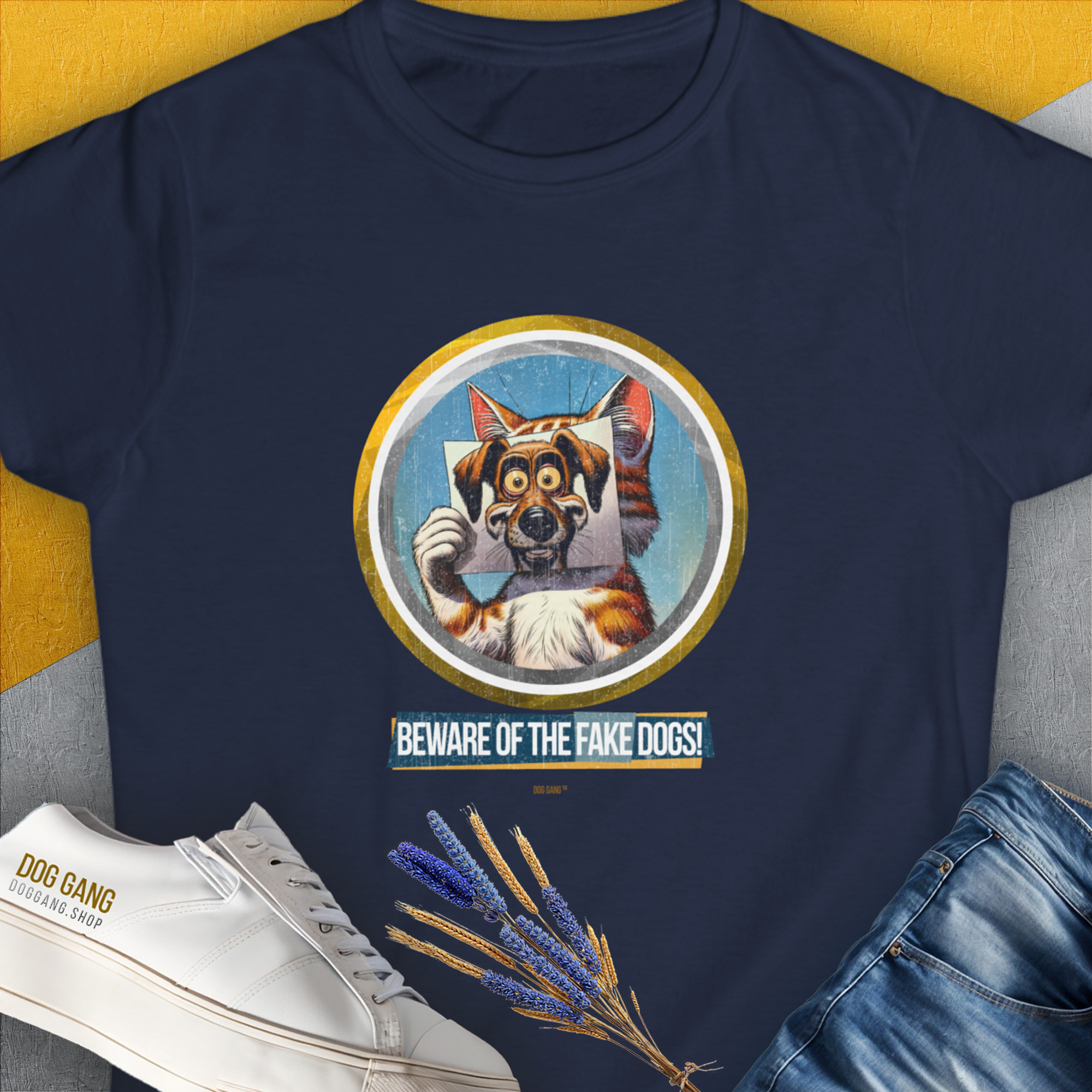 This dog-themed shirt features the playful text Beware of the Fake Dogs! with a cartoon cat with a picture of a dog's face in front of her face. Perfect for any dog lovers collection. Designed by Dog Gang.