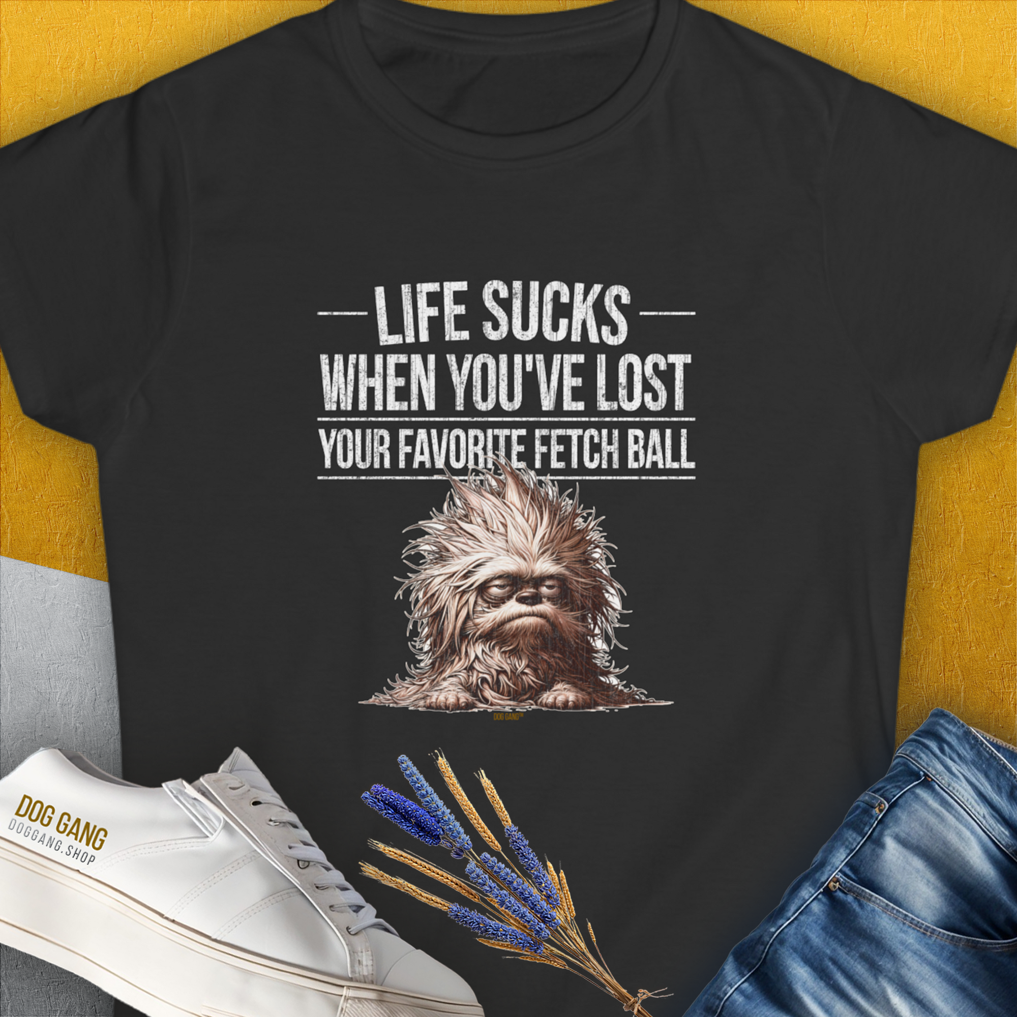 Life Sucks When You've Lost Your Favorite Fetch Ball, Volume 3, Women's T-Shirt-Black. A perfect gift for dog lovers and dog owners. Design by Dog Gang