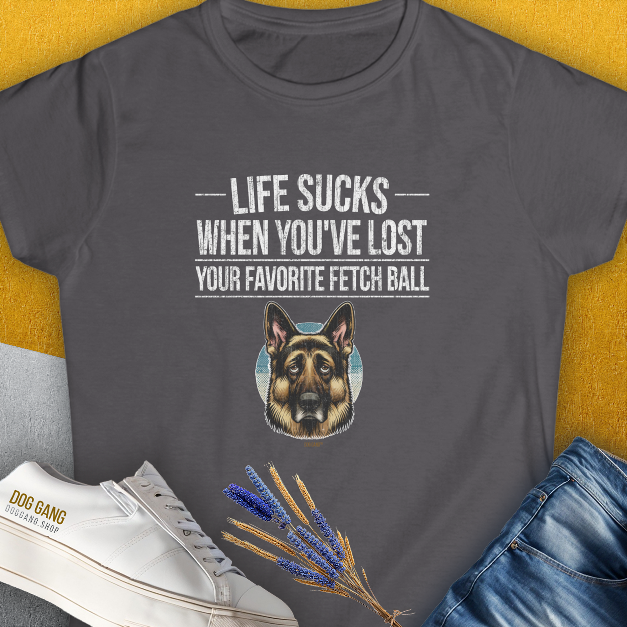 Life Sucks When You've Lost Your Favorite Fetch Ball, Volume 4, Women's T-Shirt-Charcoal. A dog-themed Design from Dog Gang