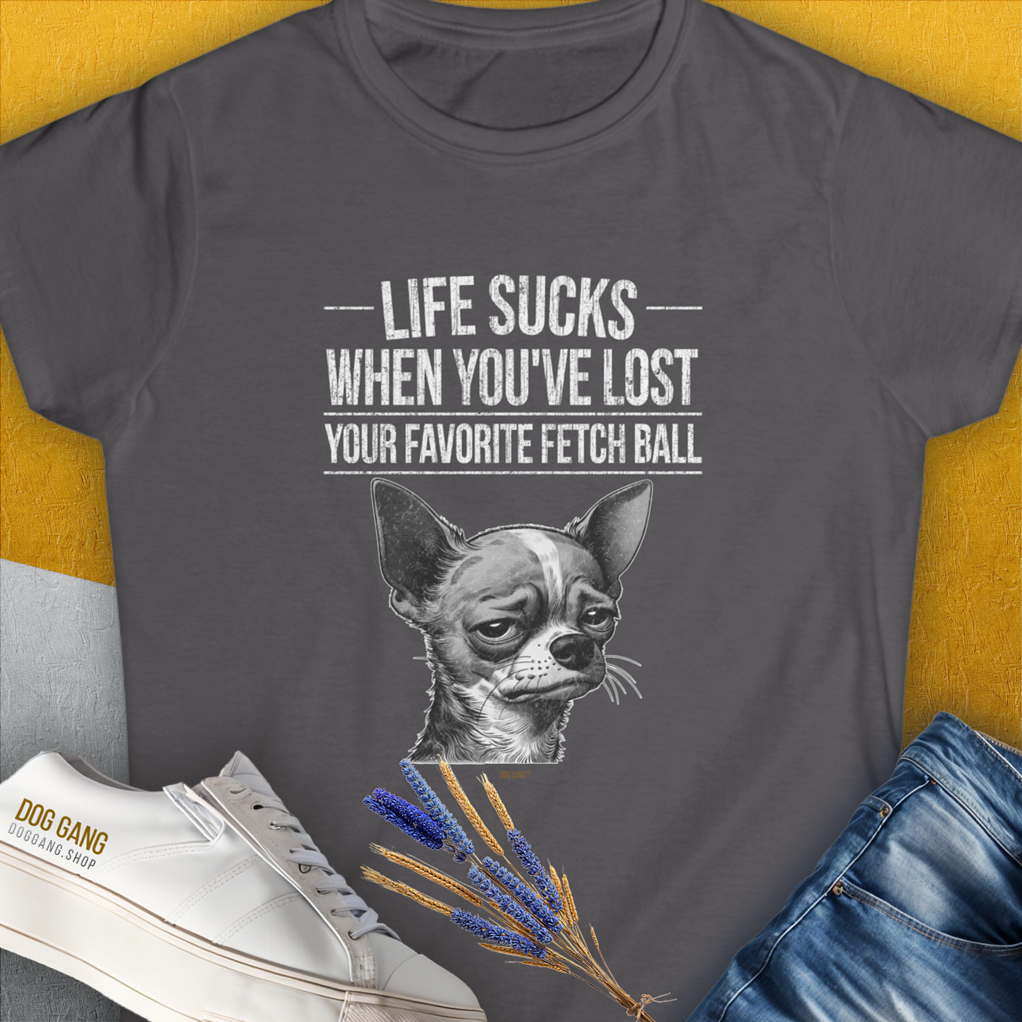 Life Sucks When You've Lost Your Favorite Fetch Ball, Volume 6, Women's T-Shirt-Charcoal. A dog-themed Design from Dog Gang
