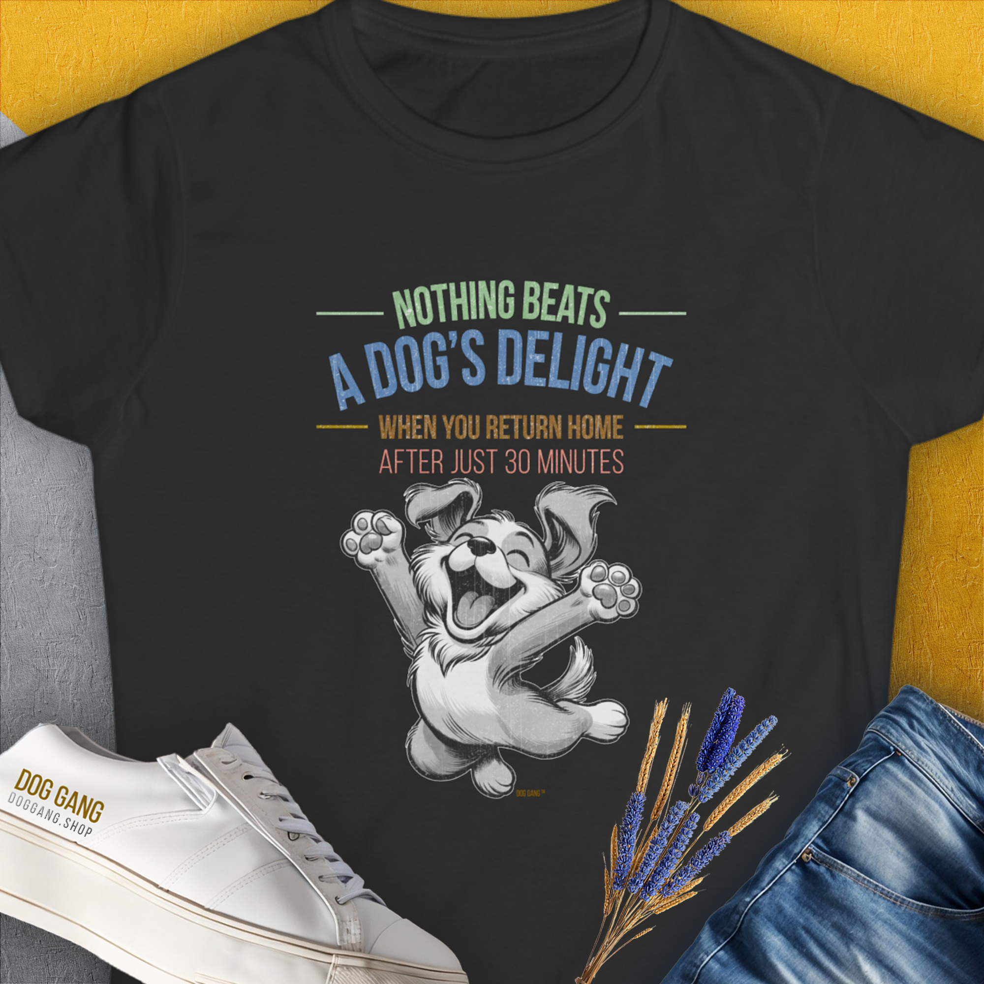 Nothing Beats A Dog's Delight When You Return Home, Volume 1, Women's T-Shirt-Black. A perfect gift for dog lovers and dog owners. Design by Dog Gang