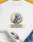The One Human Year = Ten Dog Years, Volume 2 womens T-shirt in white features a funny dog design with a puppy and clock, highlighted by the quote: Your time is my world. Always remember that. Designed by Dog Gang.