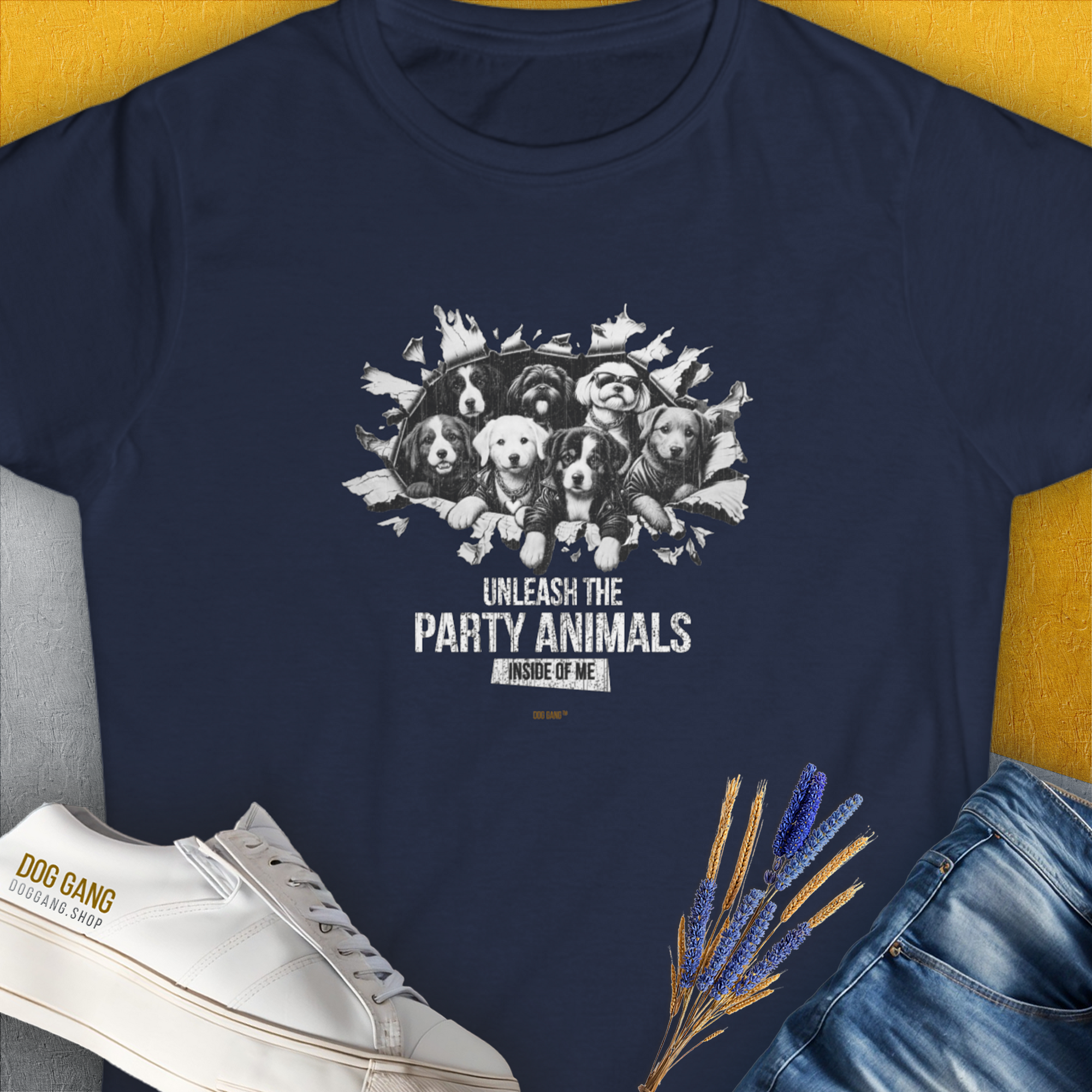 Womens T-Shirt in navy features Unleash the Party Animals Inside of Me with cute dog faces, perfect for any dog lover. Designed by Dog Gang.
