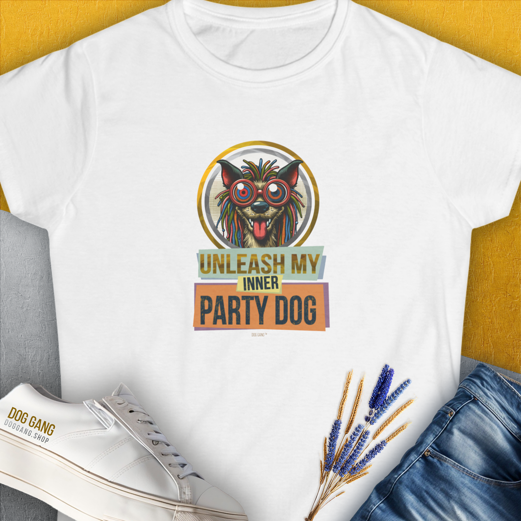 Unleash-Series (My Inner Party Dog), Volume 3, Women's T-Shirt-White. For dog lovers and dog owners. Design by Dog Gang