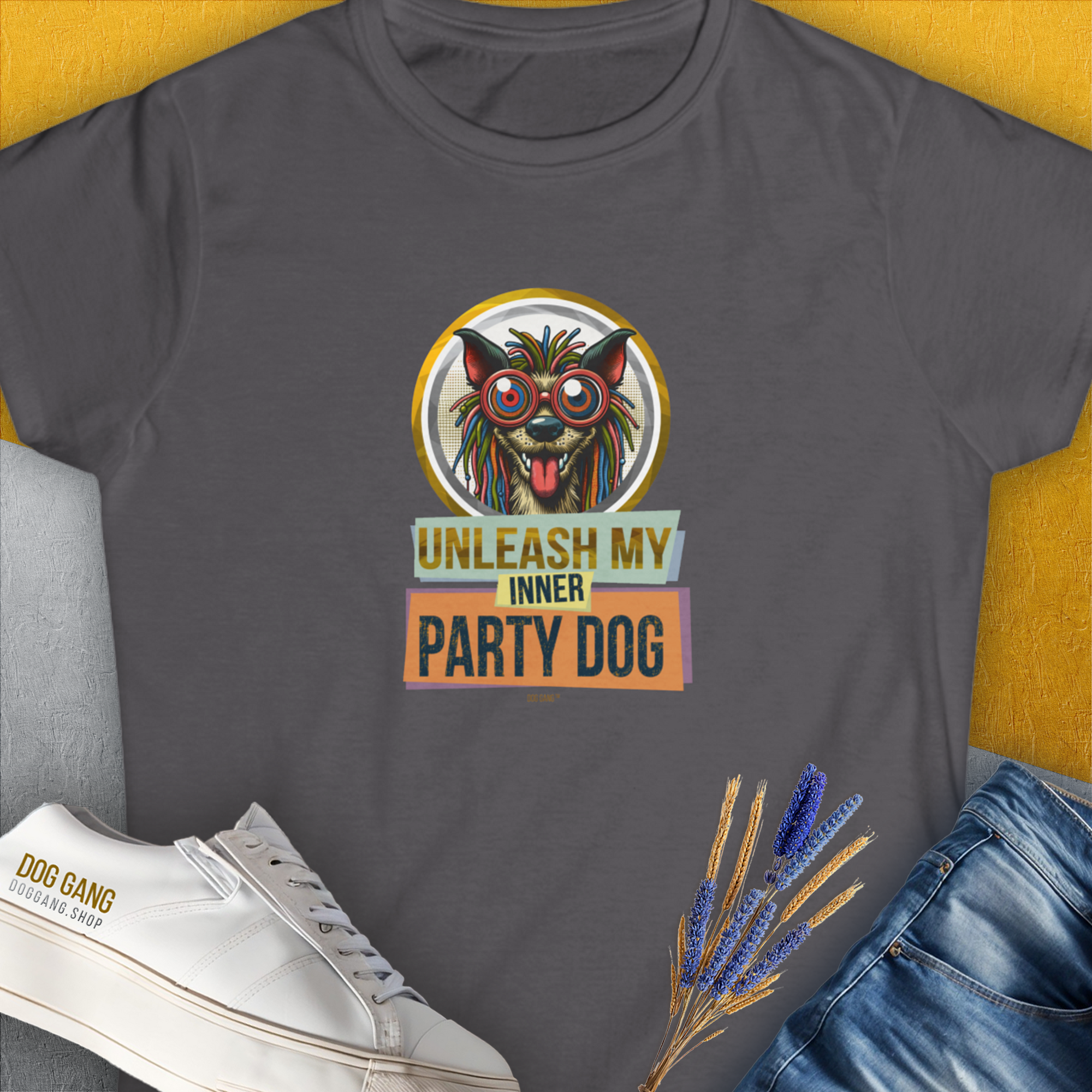 Volume 3 womens t-shirt in charcoal features a colorful weird dog illustration with the text Unleash My Inner Party Dog. A cute dog design for any dog lover. Designed by Dog Gang.