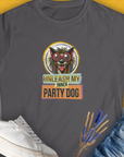 Volume 3 womens t-shirt in charcoal features a colorful weird dog illustration with the text Unleash My Inner Party Dog. A cute dog design for any dog lover. Designed by Dog Gang.