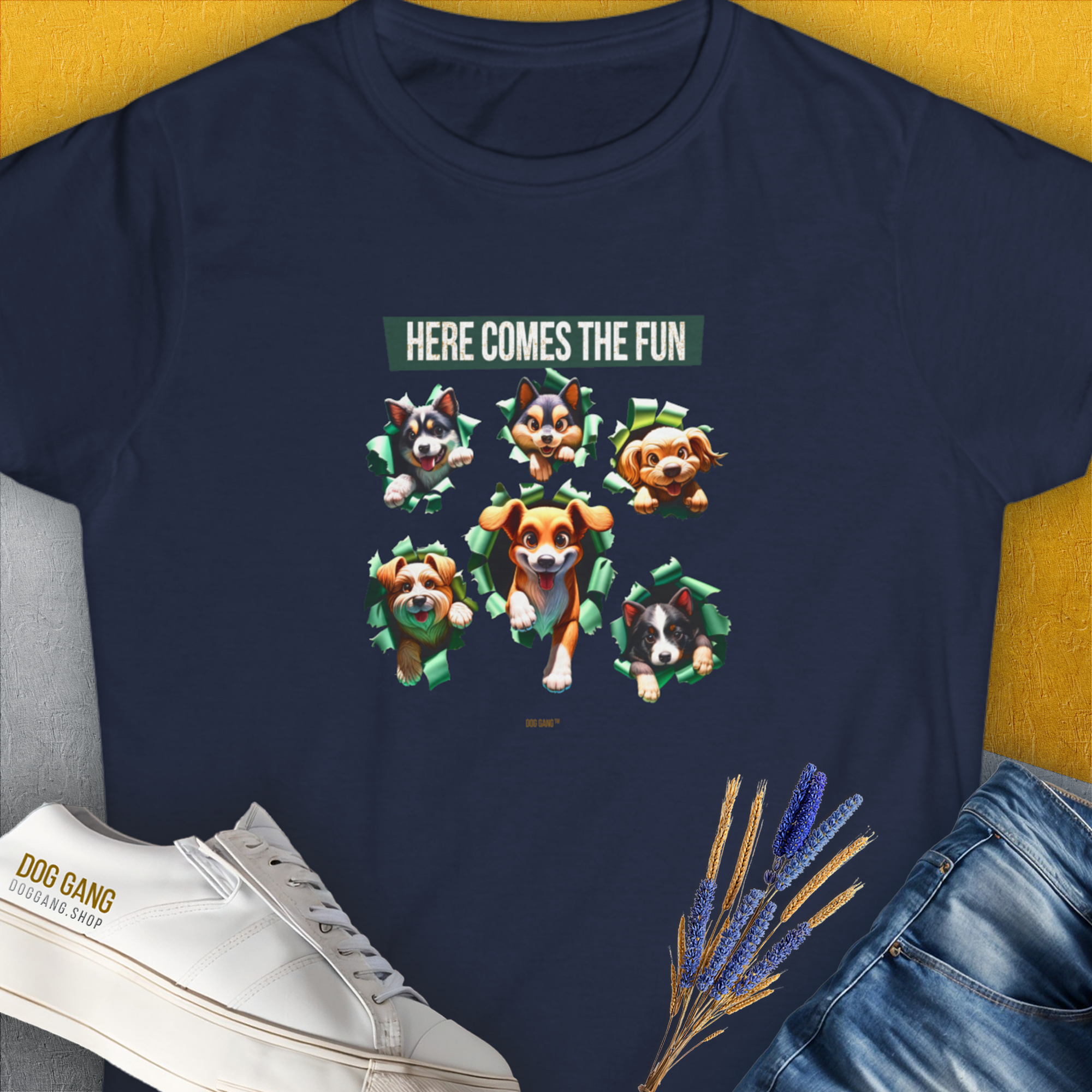 Navy Unleash-Series Volume 4 Womens T-Shirt with cartoon dogs and Here Comes the Fun text. Perfect for any dog person looking for a puppy print tee. Designed by Dog Gang.