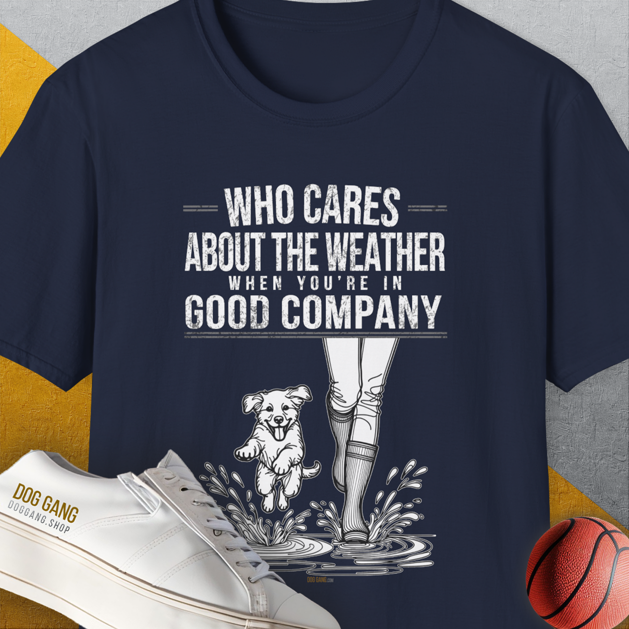 Who Cares About The Weather When You're In Good Company, Volume 2, Unisex T-Shirt-Navy-funny dog lover Shirtdesign by Dog Gang
