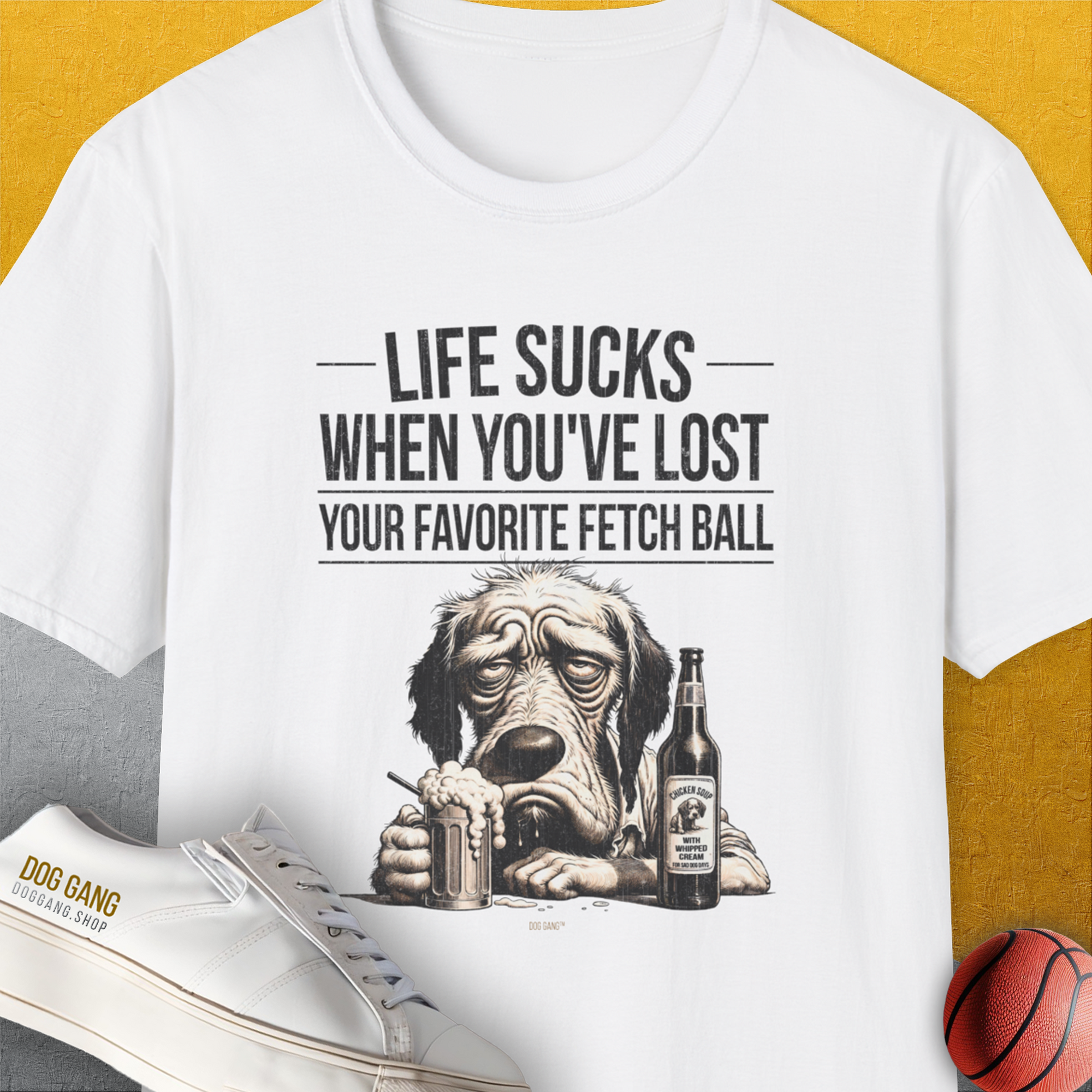 Life Sucks When You've Lost Your Favorite Fetch Ball, Volume 5, Unisex T-Shirt-White-funny dog lover Shirtdesign by Dog Gang