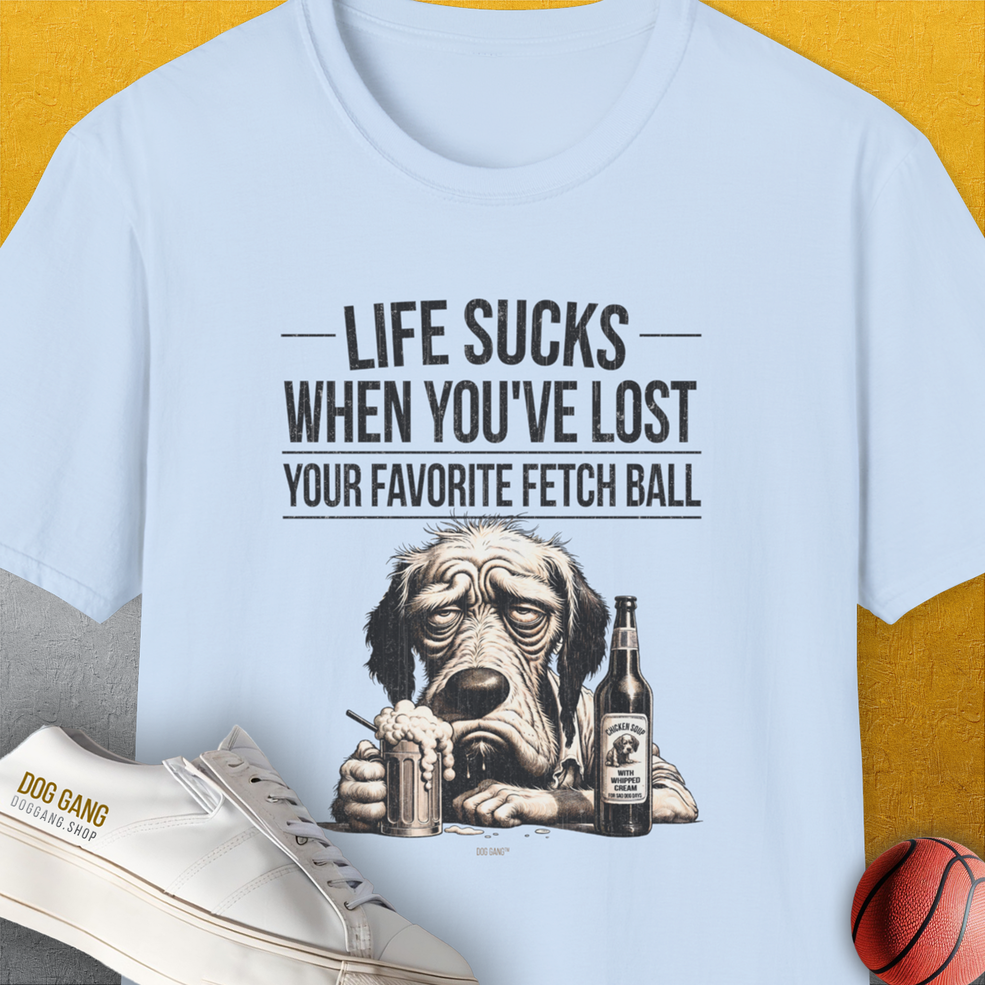 Life Sucks When You've Lost Your Favorite Fetch Ball, Volume 5, Unisex T-Shirt-Light Blue-funny dog lover Shirtdesign by Dog Gang