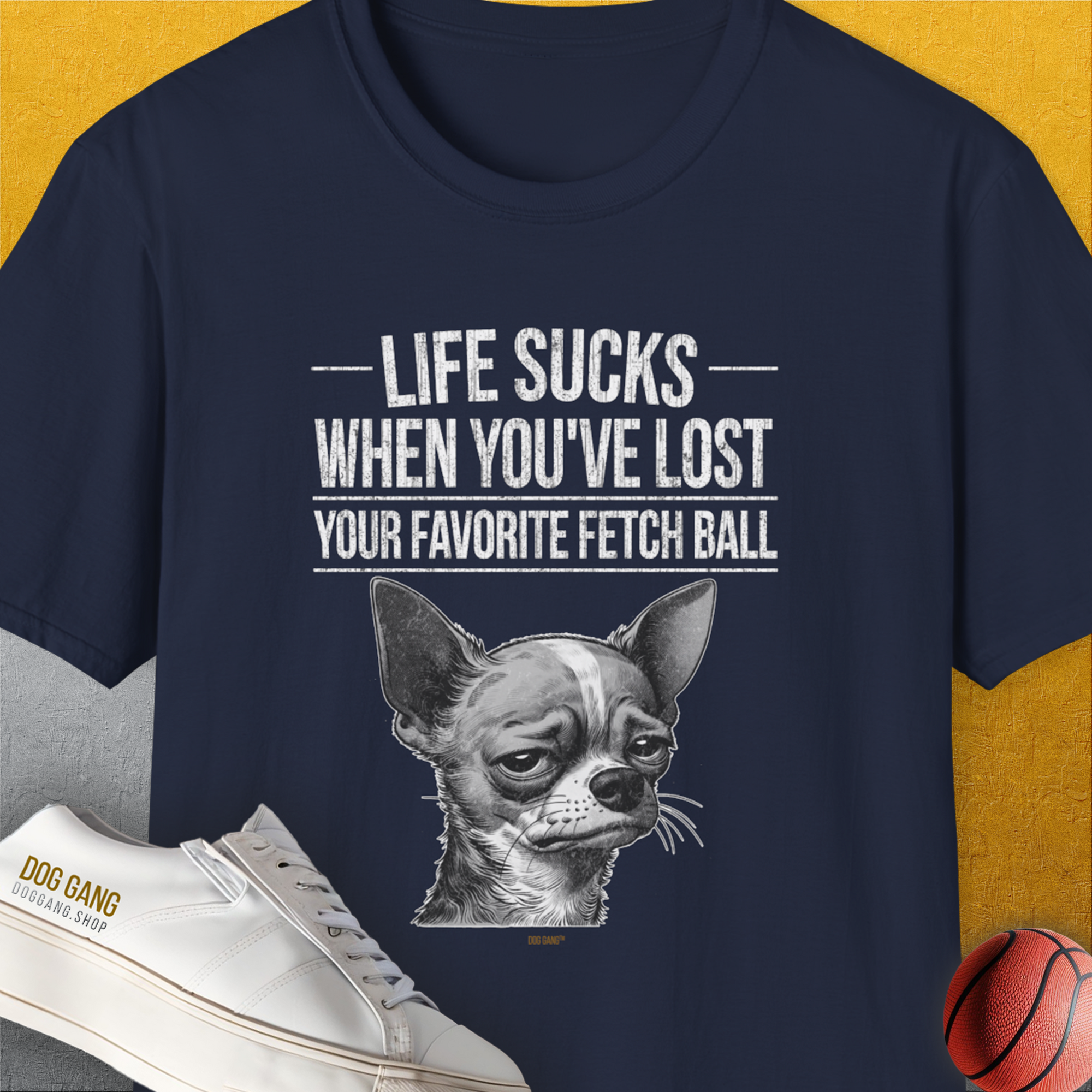 Life Sucks When You've Lost Your Favorite Fetch Ball, Volume 6, Unisex T-Shirt-Navy-funny dog lover Shirtdesign by Dog Gang