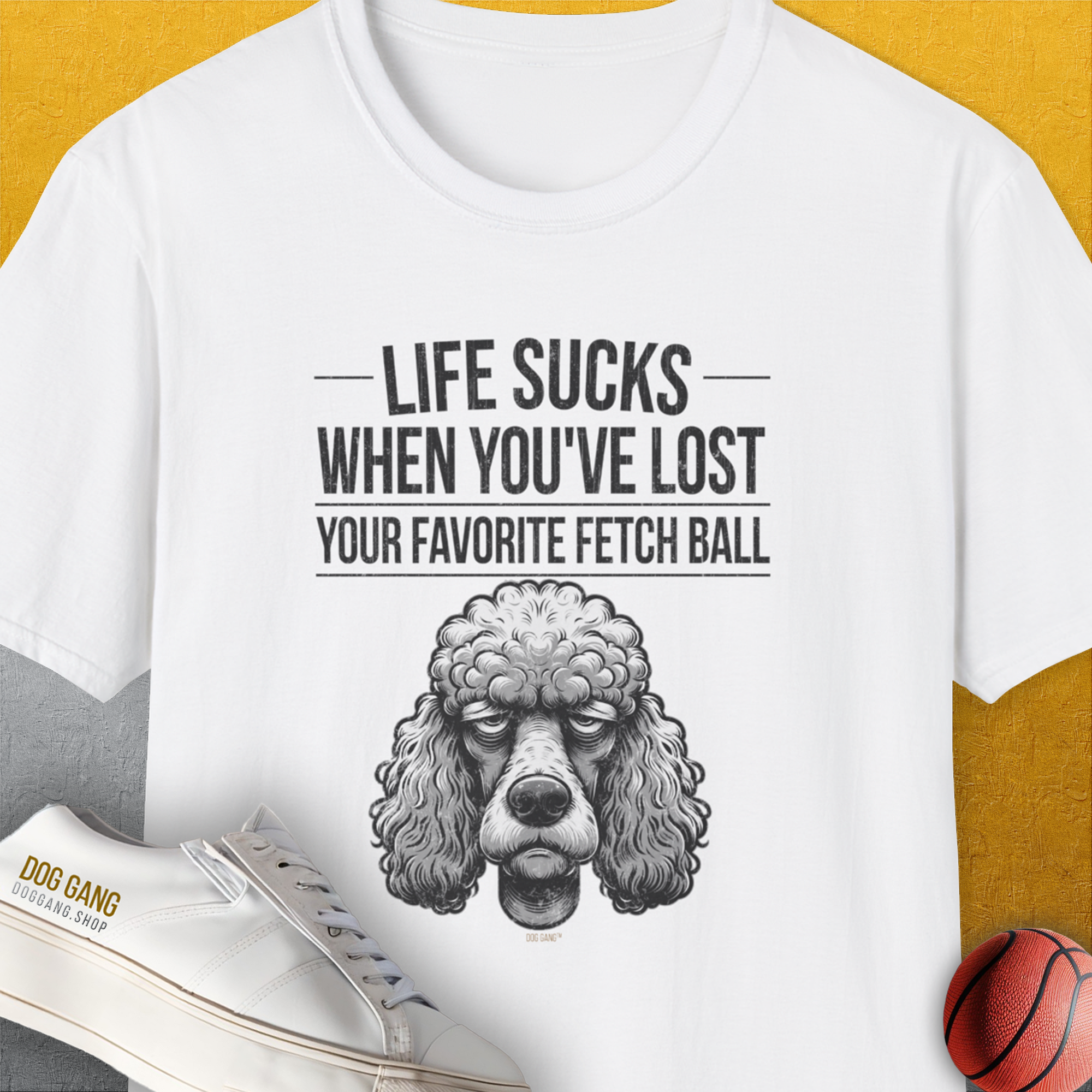 Life Sucks When You've Lost Your Favorite Fetch Ball, Volume 7, Unisex T-Shirt-White-funny dog lover Shirtdesign by Dog Gang