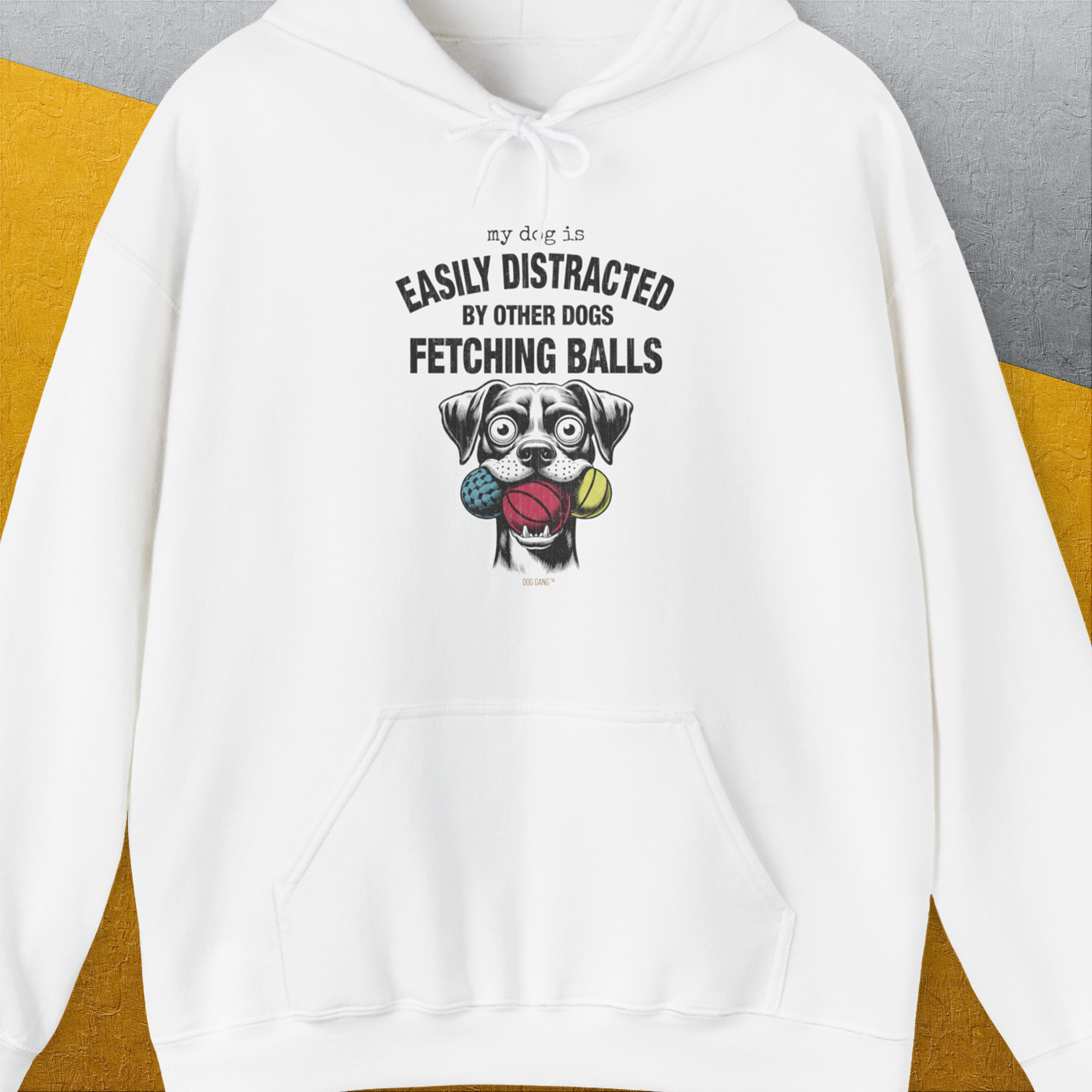 My Dog Is Easily Distracted By - Volume 4: Other Dogs Fetching Balls, Unisex Hoodie-White. A dog-themed Design from Dog Gang