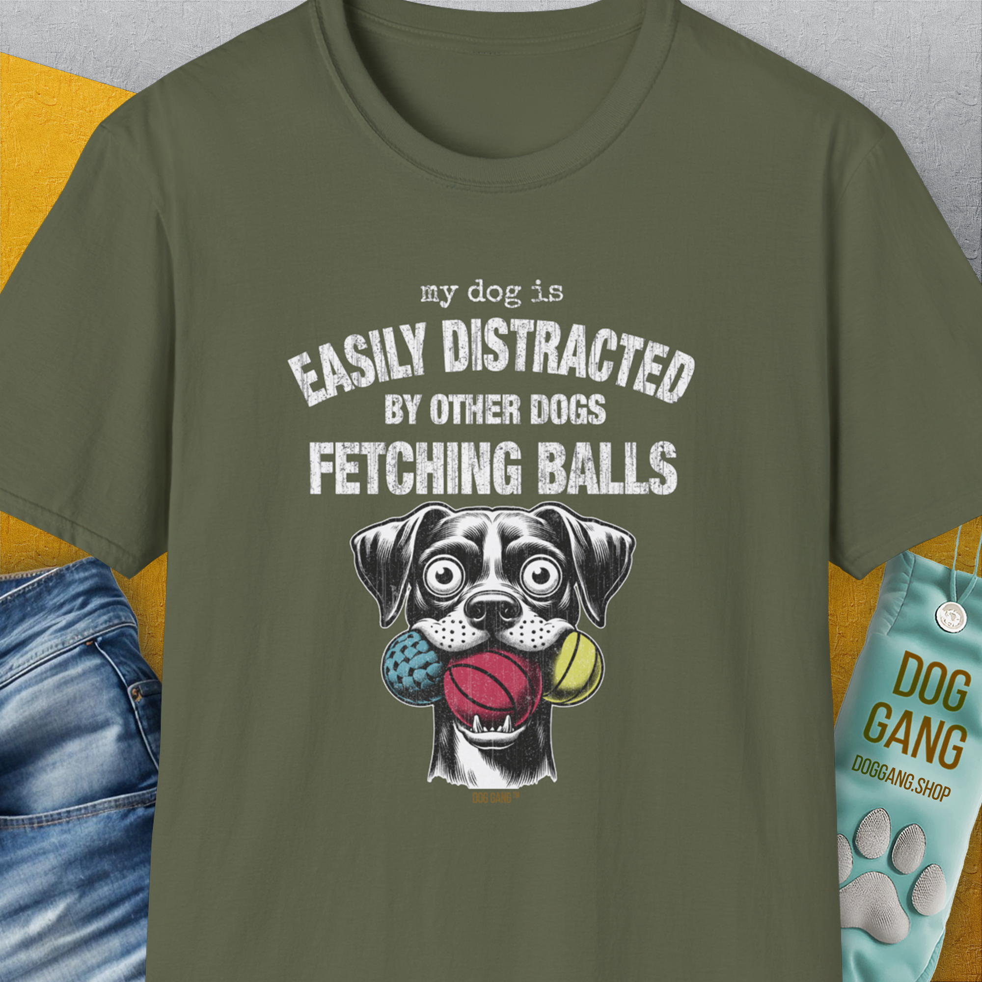 My Dog Is Easily Distracted By - Volume 4: Other Dogs Fetching Balls, Unisex T-Shirt-Military Green, Design by Dog Gang