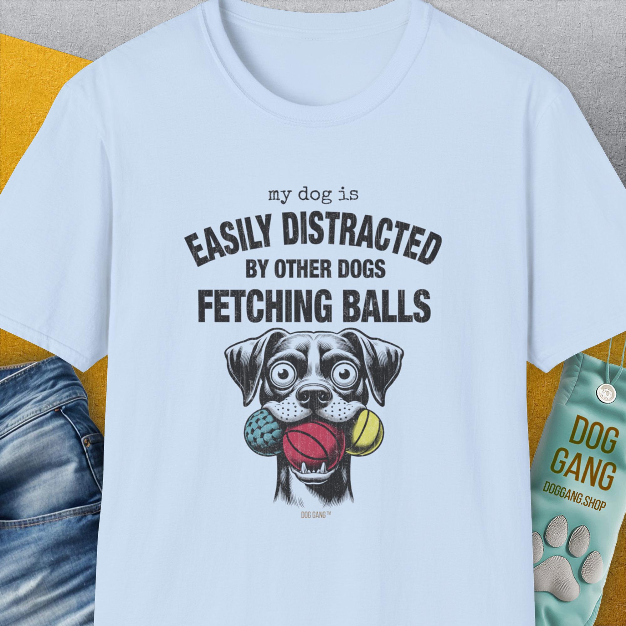 My Dog Is Easily Distracted By - Volume 4: Other Dogs Fetching Balls, Unisex T-Shirt-Light Blue, Design by Dog Gang