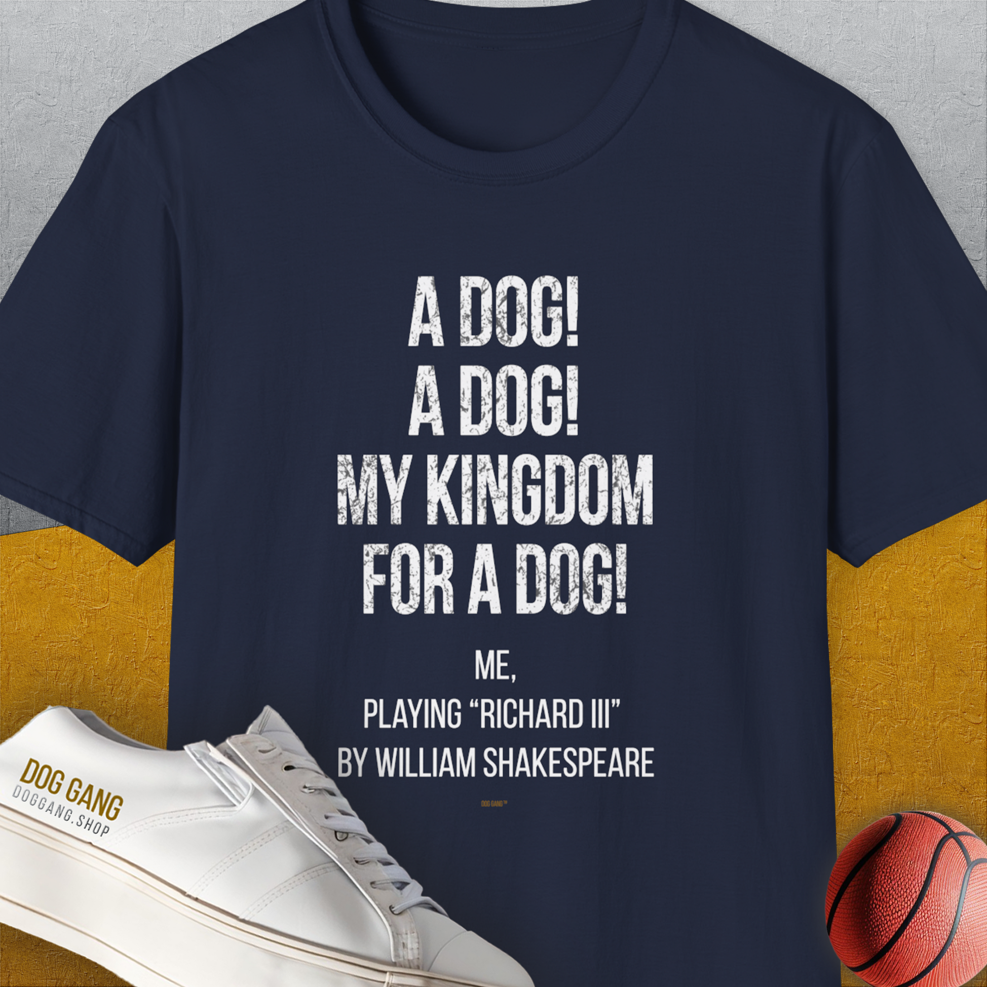 My Kingdom For A Dog - Me Playing Richard III. by Shakespeare, Unisex T-Shirt-Navy-funny dog lover Shirtdesign by Dog Gang