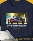 The Dog Gang™ Signature Series, Volume 4 Navy T-Shirt features two dogs in a red vintage car and the phrase Life’s too short not to have a dog. Made from Soft-Style fabric for comfort.