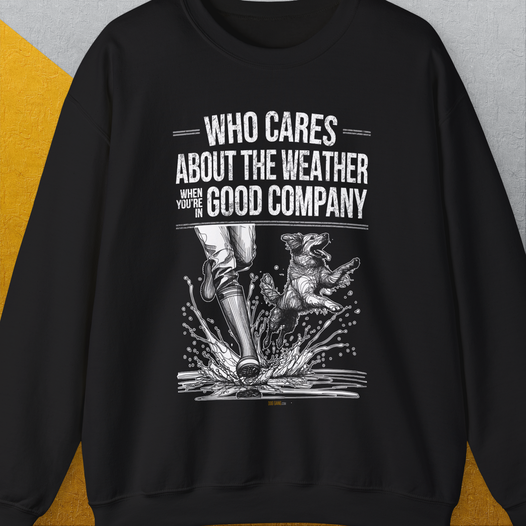 Who Cares About The Weather When You're In Good Company, Volume 1, Unisex Sweatshirt-S-funny dog lover Shirtdesign by Dog Gang