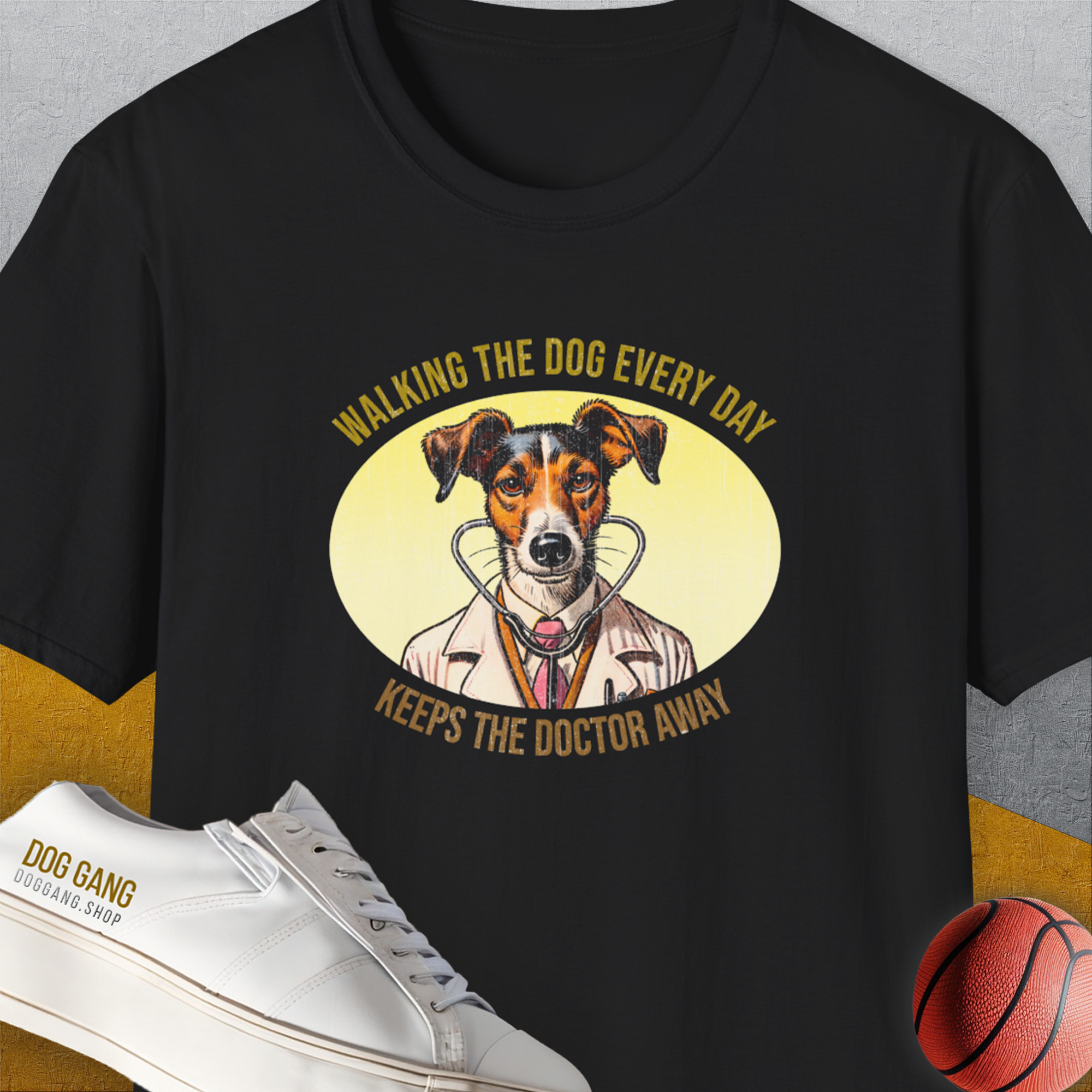 Walking The Dog Every Day Keeps The Doctor Away, Volume 2, Unisex T-Shirt-Black-funny dog lover Shirtdesign by Dog Gang
