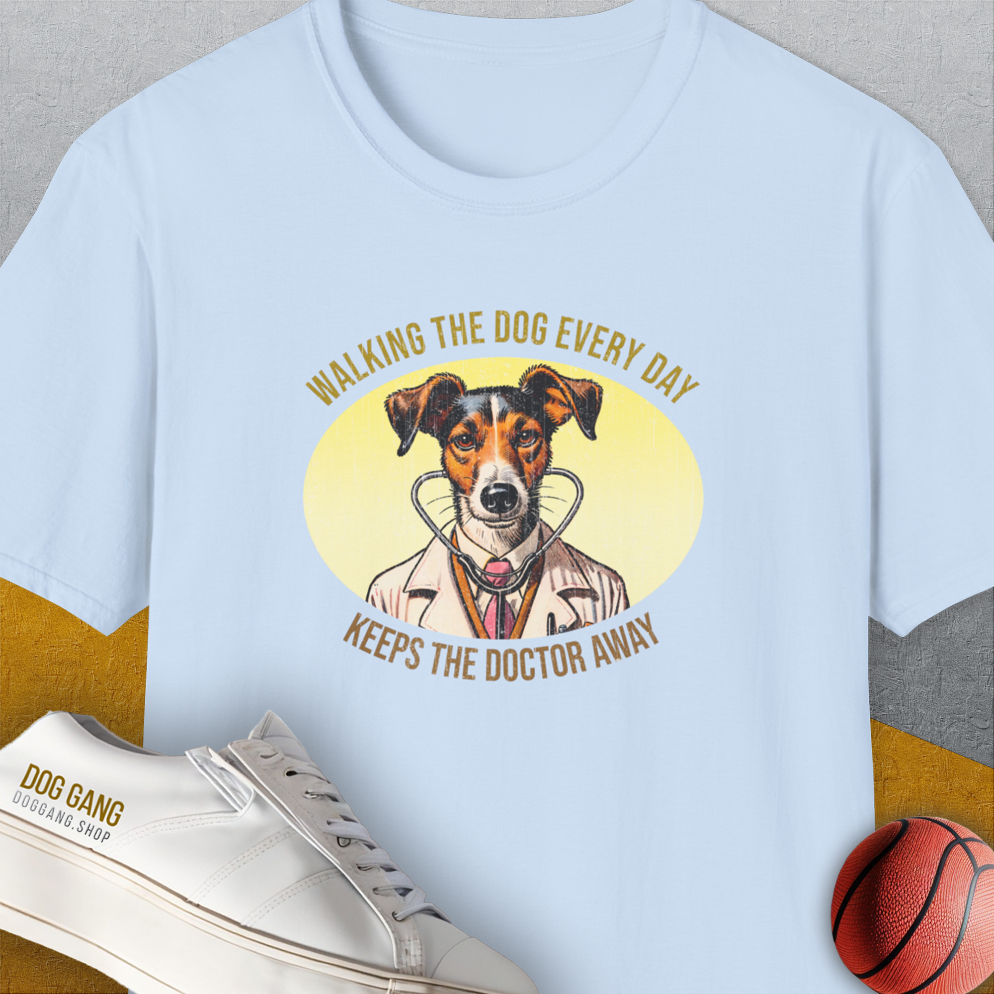 Walking The Dog Every Day Keeps The Doctor Away, Volume 2, Unisex T-Shirt-Light Blue-funny dog lover Shirtdesign by Dog Gang