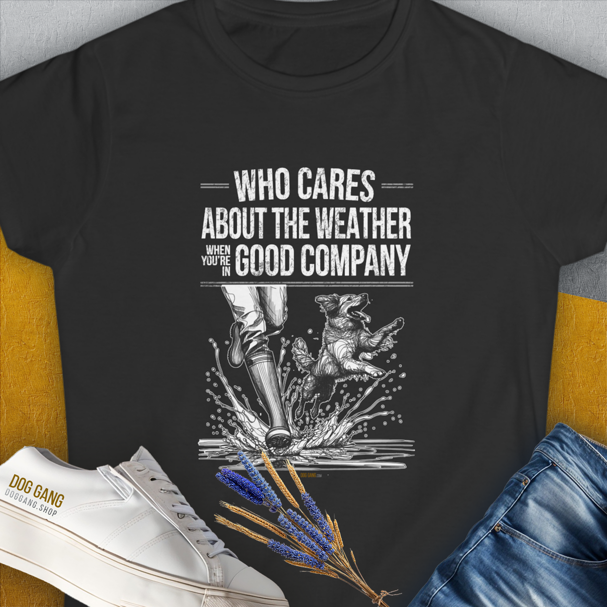 Who Cares About The Weather When You're In Good Company, Volume 1, Women's T-Shirt-Black. A perfect gift for dog lovers and dog owners. Design by Dog Gang