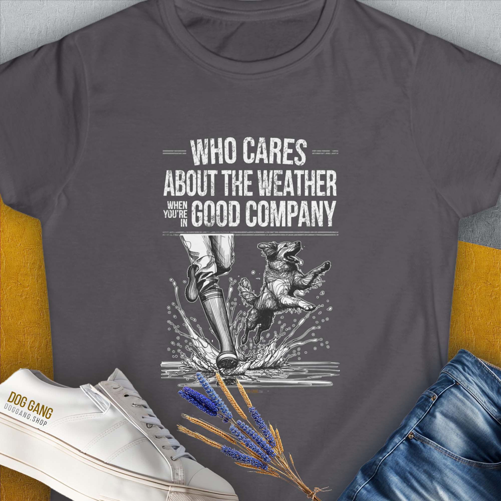 Who Cares About The Weather When You're In Good Company, Volume 1, Women's T-Shirt-Charcoal. A dog-themed Design from Dog Gang