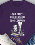 Who Cares About The Weather features a dog and boots graphic. A cute dog design perfect for any dog lover. Designed by Dog Gang.
