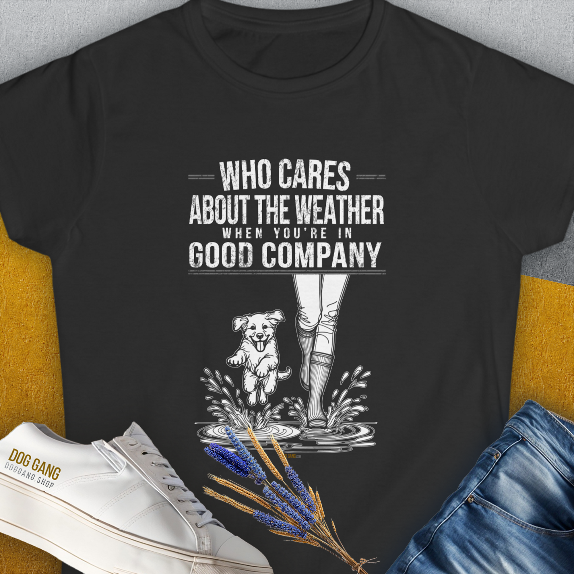 Who Cares About The Weather When You're In Good Company, Volume 2, Women's T-Shirt-Black. A perfect gift for dog lovers and dog owners. Design by Dog Gang
