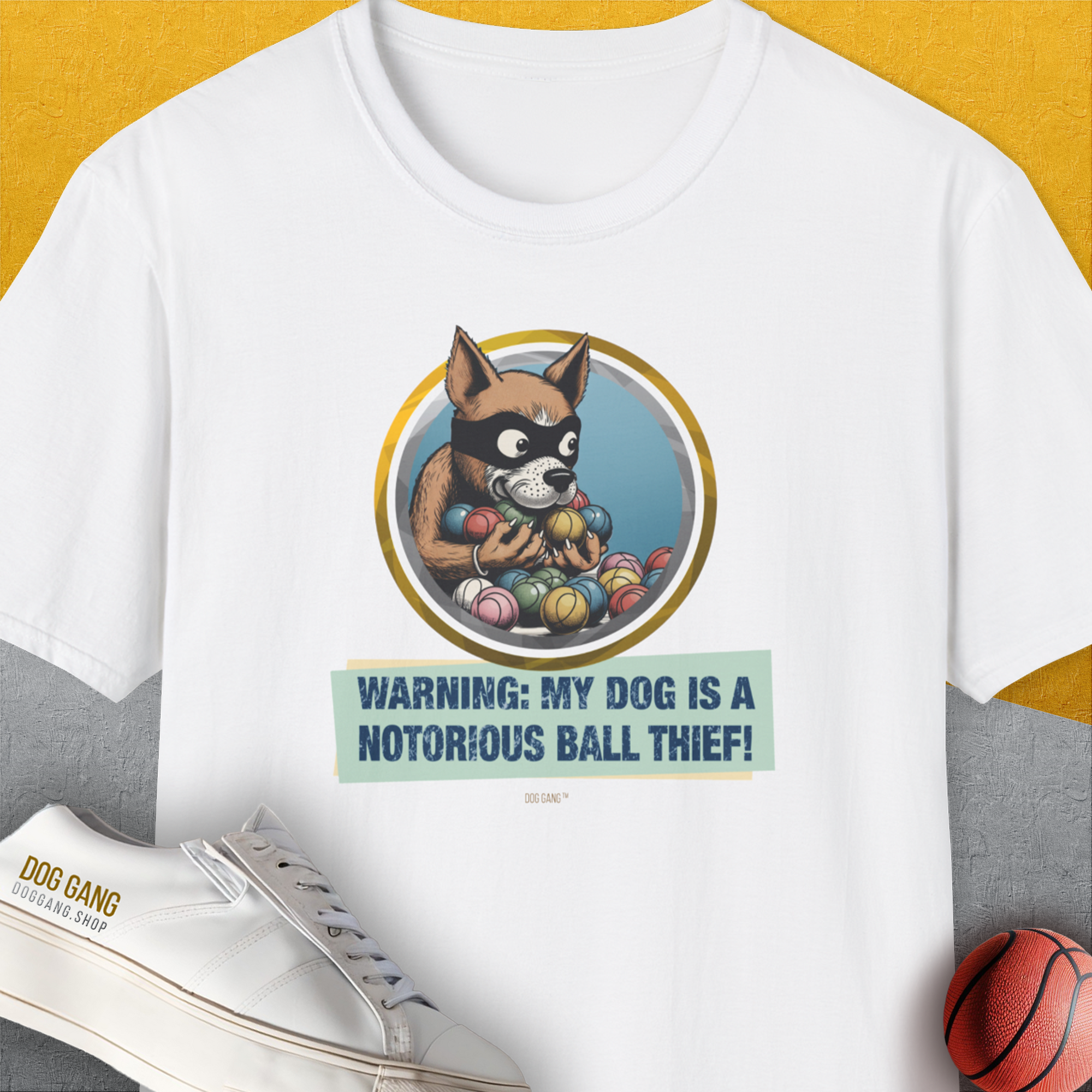 Warning: My Dog Is A Notorious Ball Thief, Volume 1, Unisex T-Shirt-White. A perfect gift for dog lovers and dog owners. Design by Dog Gang