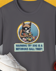 The Warning: My Dog Is A Notorious Ball Thief, Volume 1 shirt depicts a masked dog with balls and a funny quote. Perfect for any dog lover. Designed by Dog Gang.