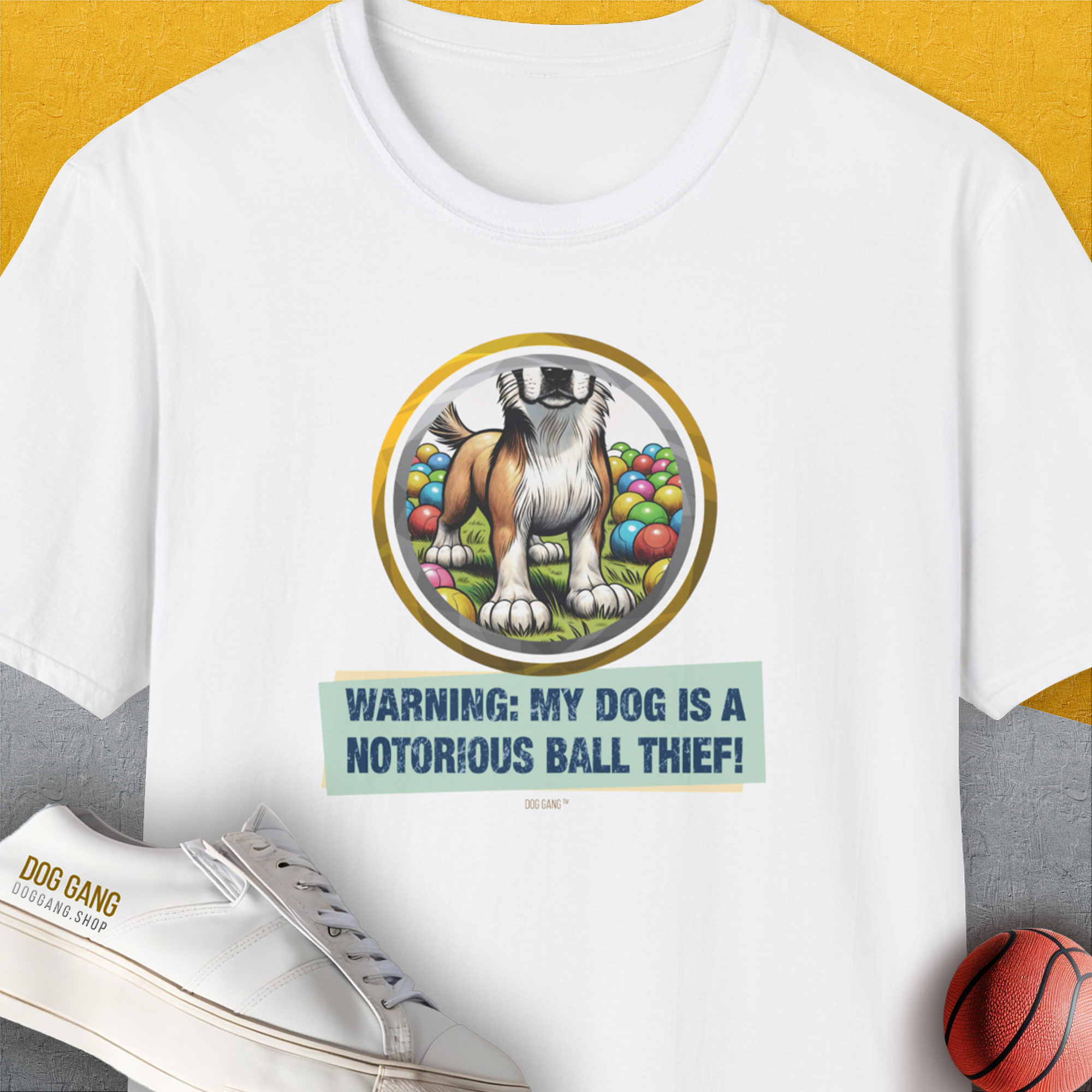 Warning: My Dog Is A Notorious Ball Thief, Volume 2, Unisex T-Shirt-White. A perfect gift for dog lovers and dog owners. Design by Dog Gang