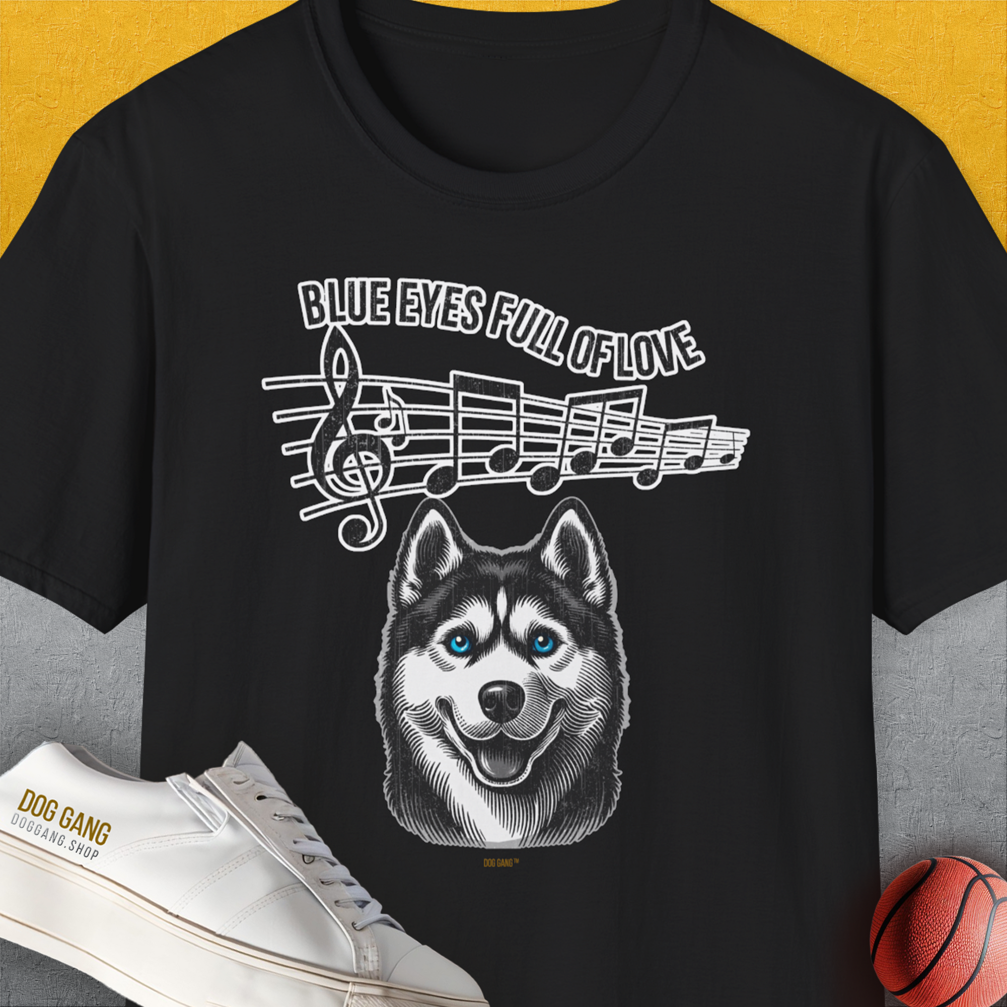 Blue Eyes Full Of Love, Volume 1 (Husky), Unisex T-Shirt-Black. A perfect gift for dog lovers and dog owners. Design by Dog Gang