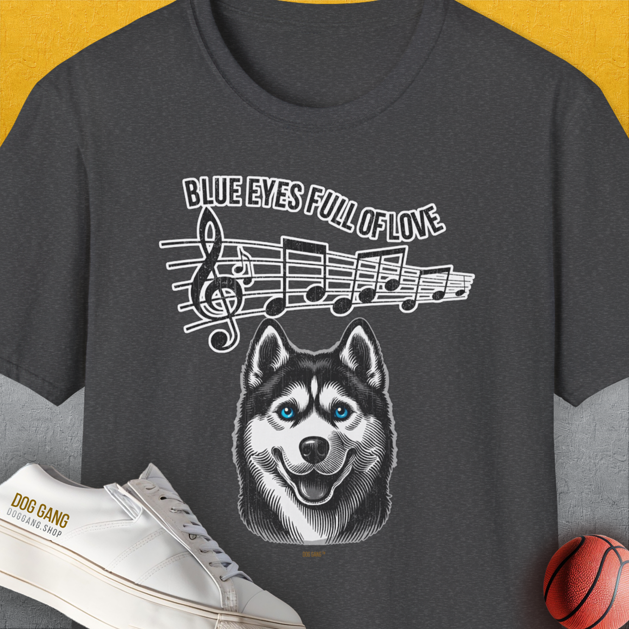 Blue Eyes Full Of Love, Volume 1 (Husky), Unisex T-Shirt-Dark Heather, Design by Dog Gang