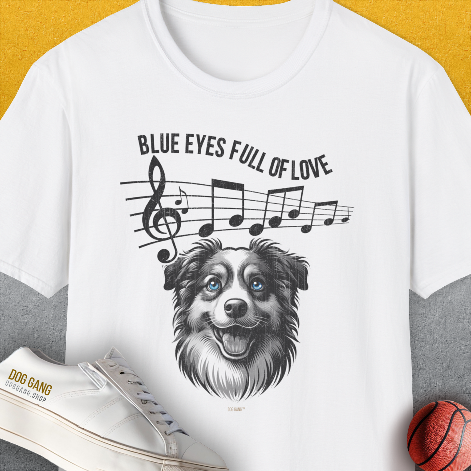 Blue Eyes Full Of Love, Volume 2 (Australian Shepherd), Unisex T-Shirt-White, a cool and stylish design with a funny saying from Dog Gang