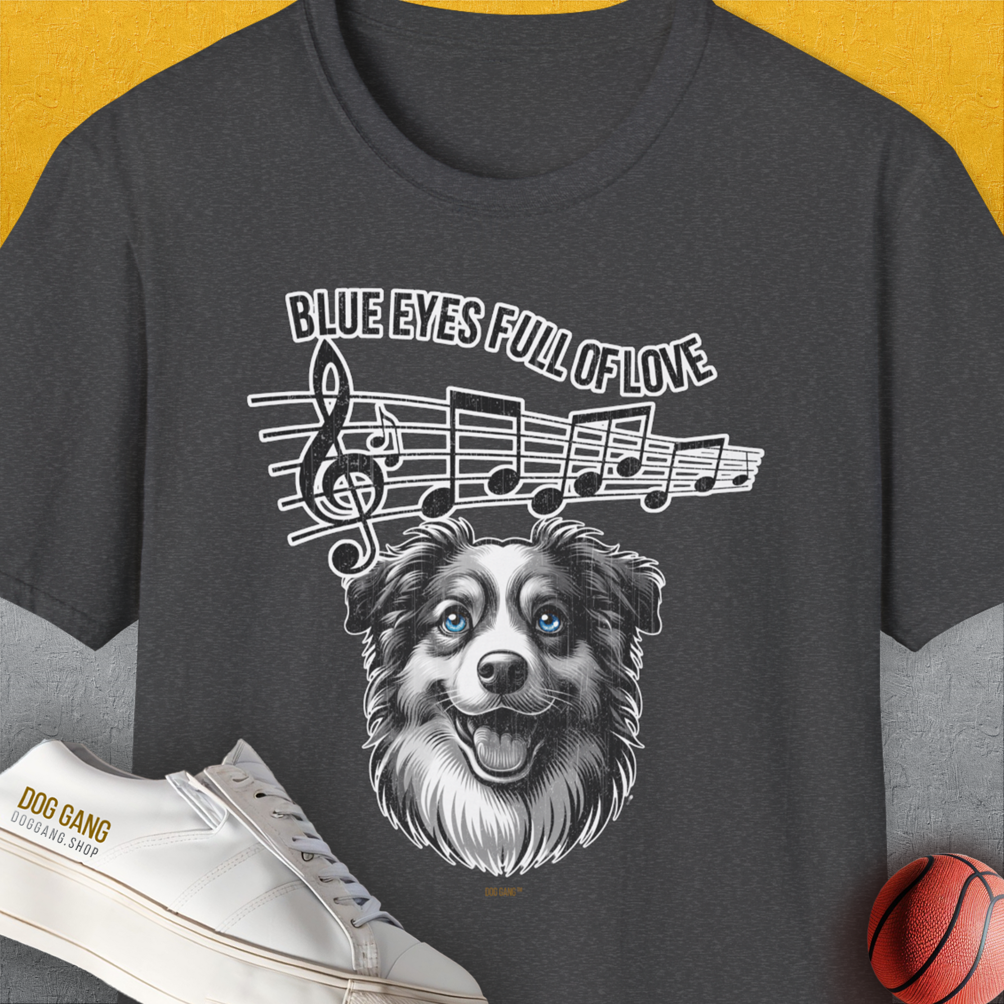 Blue Eyes Full Of Love, Volume 2 (Australian Shepherd), Unisex T-Shirt-Dark Heather, Design by Dog Gang