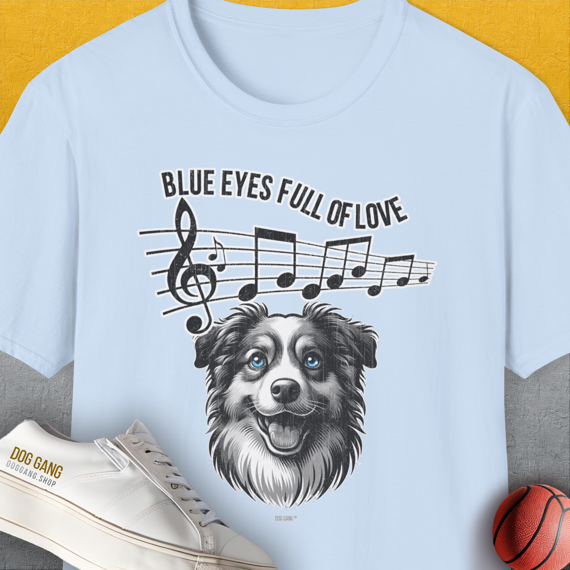 Blue Eyes Full Of Love, Volume 2 (Australian Shepherd), Unisex T-Shirt-Light Blue. A perfect gift for dog lovers and dog owners. Design by Dog Gang