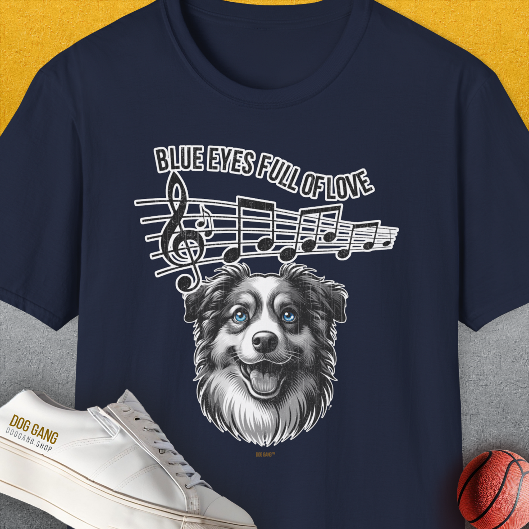 Blue Eyes Full Of Love, Volume 2 (Australian Shepherd), Unisex T-Shirt-Navy, Design by Dog Gang