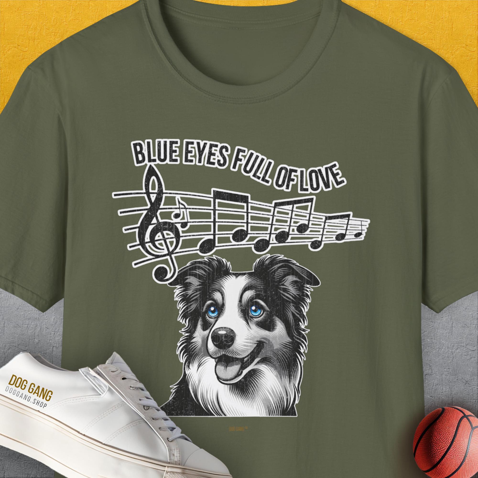 Blue Eyes Full Of Love, Volume 3 (Border Collie), Unisex T-Shirt-Military Green, Design by Dog Gang