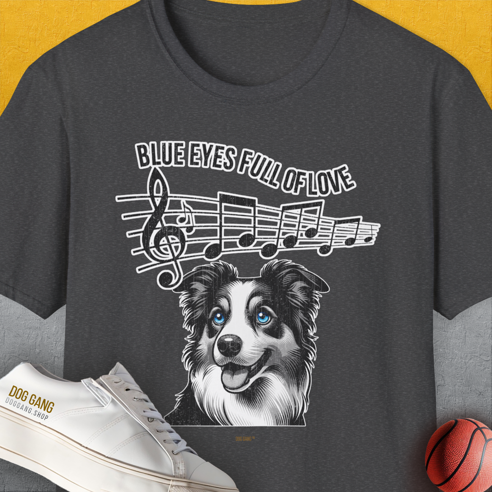 Blue Eyes Full Of Love, Volume 3 (Border Collie), Unisex T-Shirt-Dark Heather, Design by Dog Gang