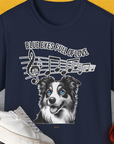 Navy tee with Blue Eyes Full Of Love, Volume 3 (Border Collie) blends cute dog design with musical notes and a sneaker. Perfect dog lover gift. Designed by Dog Gang.