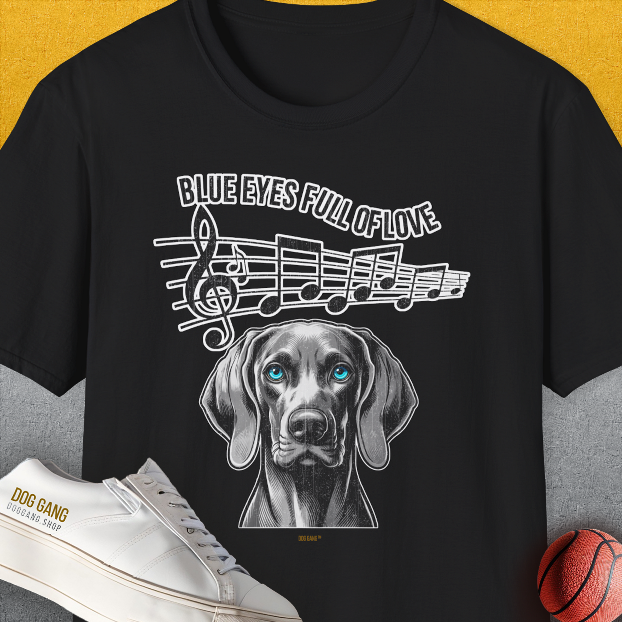 Blue Eyes Full Of Love, Volume 4 (Weimaraner), Unisex T-Shirt-Black, Design by Dog Gang
