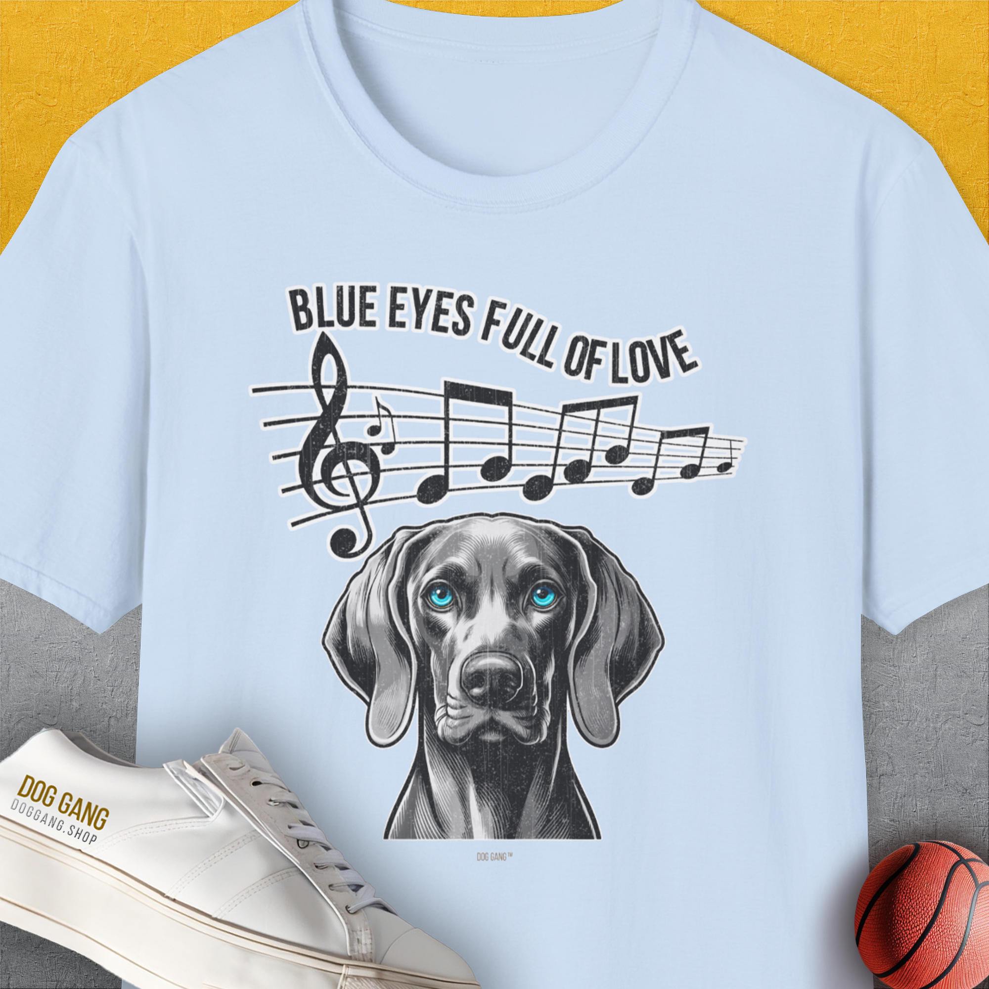 Blue Eyes Full Of Love, Volume 4 (Weimaraner), Unisex T-Shirt-Light Blue, Design by Dog Gang