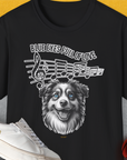 Cheerful Aussie Shepherd with music notes, shoe, basketball, and Blue Eyes Full of Love slogan. Perfect for dog person or dog lover gift. Designed by Dog Gang.