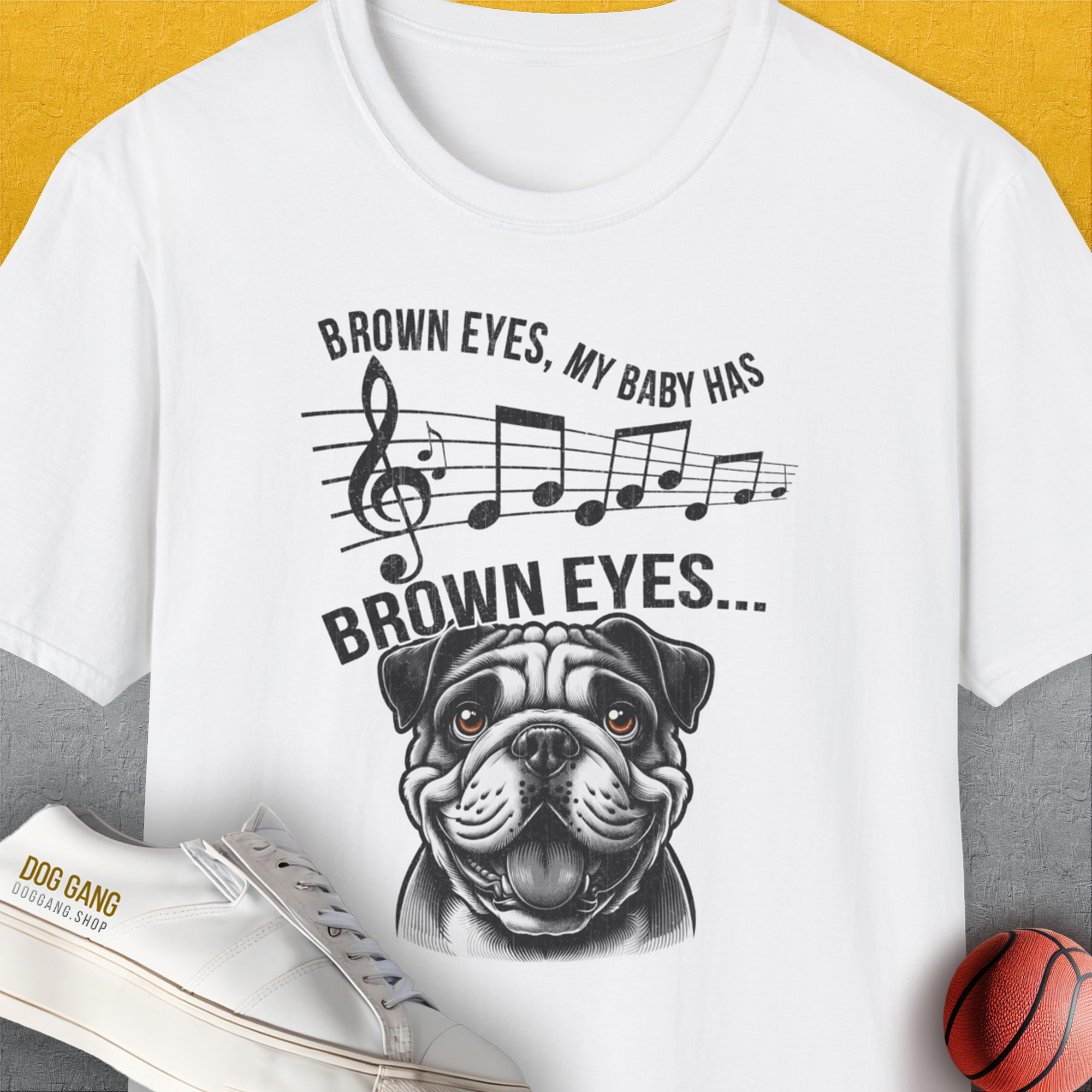 Brown Eyes, My Baby Has Brown Eyes, Volume 1 (Bulldog), Unisex T-Shirt-White. A perfect gift for dog lovers and dog owners. Design by Dog Gang