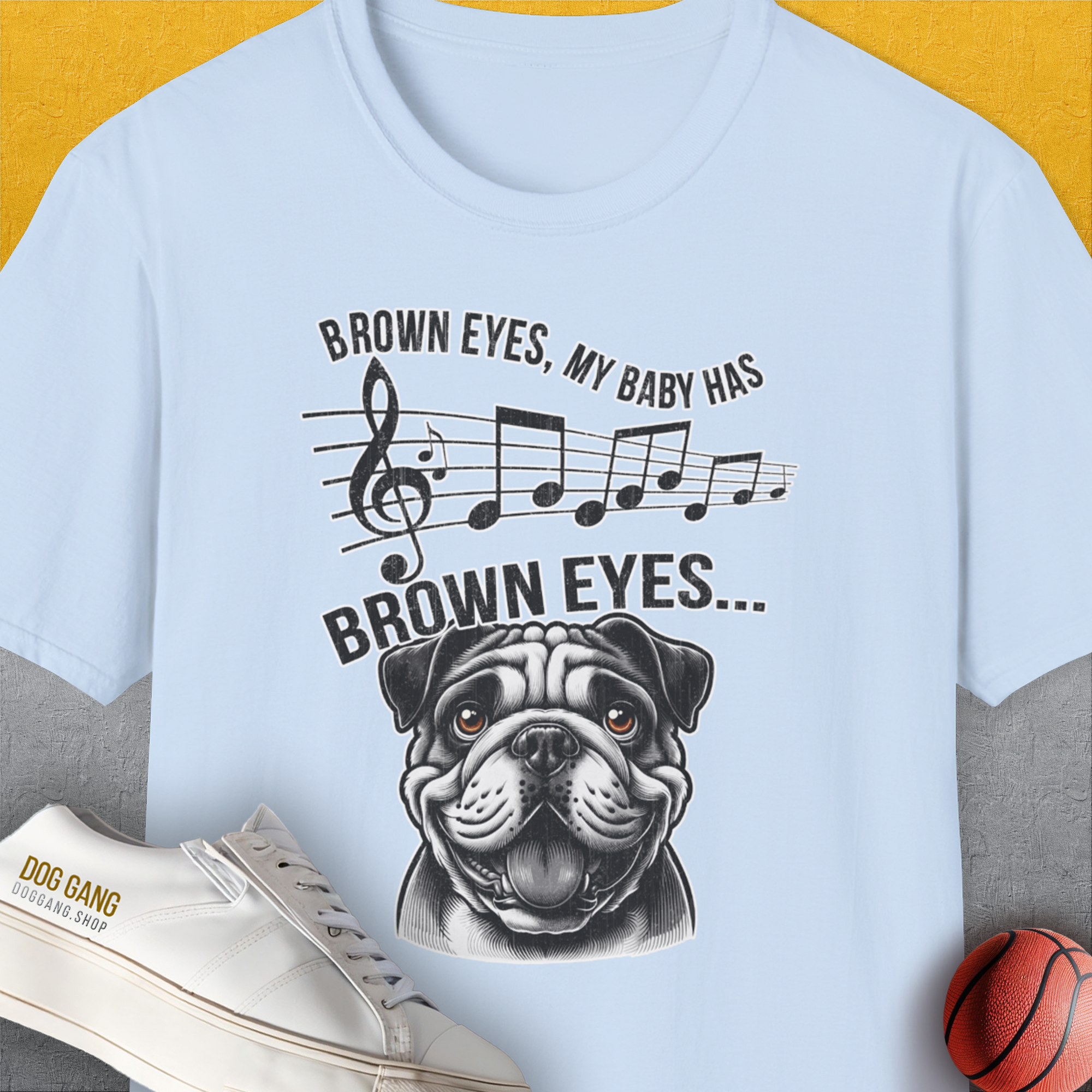 Brown Eyes, My Baby Has Brown Eyes, Volume 1 (Bulldog), Unisex T-Shirt-Light Blue, Design by Dog Gang