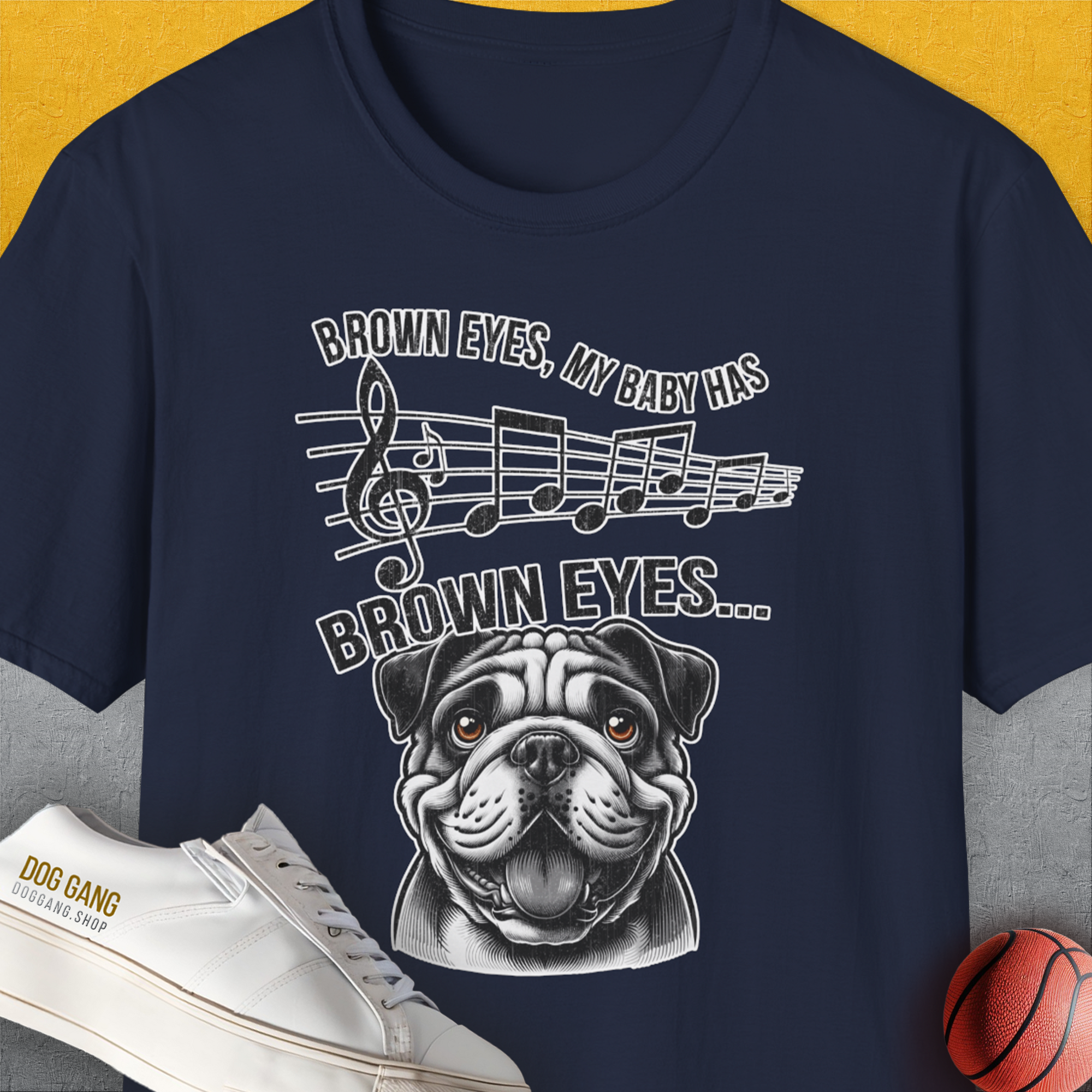 Brown Eyes, My Baby Has Brown Eyes, Volume 1 (Bulldog), Unisex T-Shirt-Navy, Design by Dog Gang