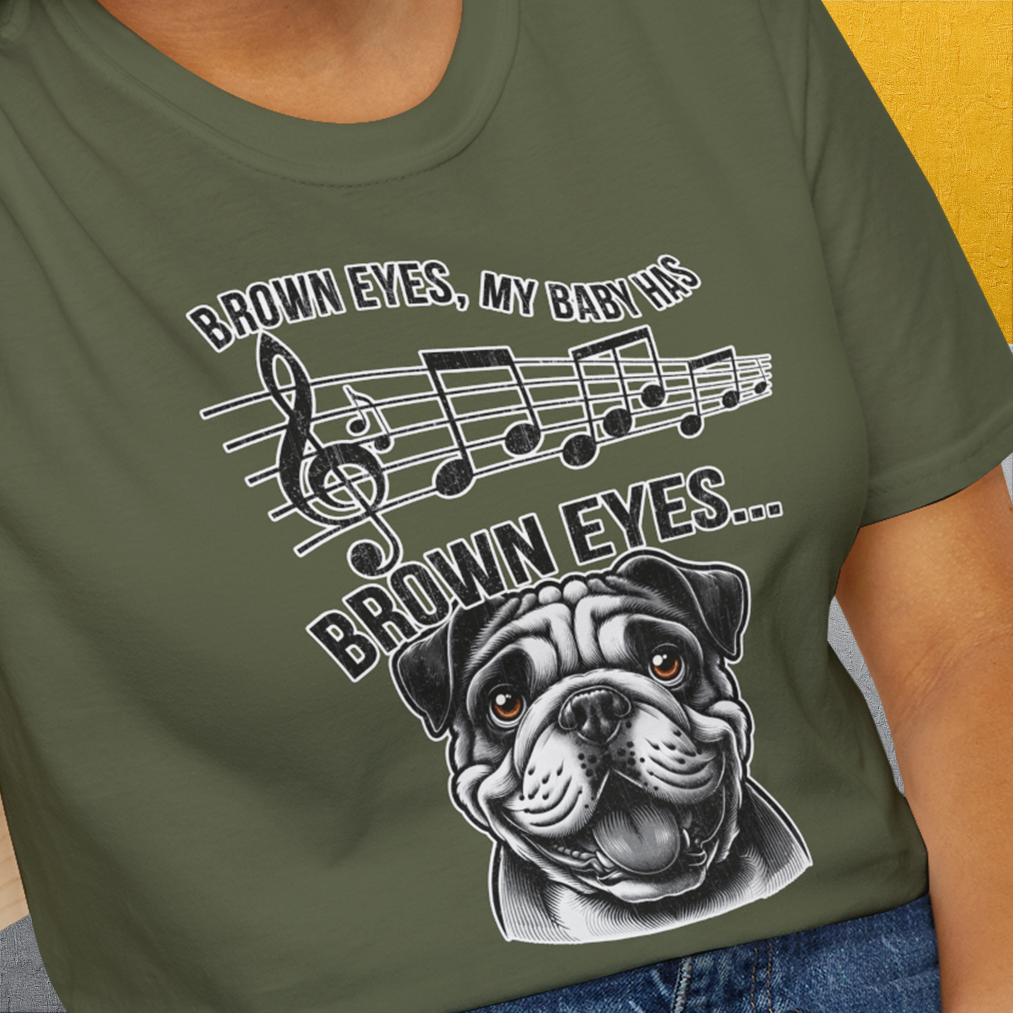 Brown Eyes, My Baby Has Brown Eyes, Volume 1 (Bulldog), Unisex T-Shirt-, a fun and stylish design for dog lovers from Dog Gang